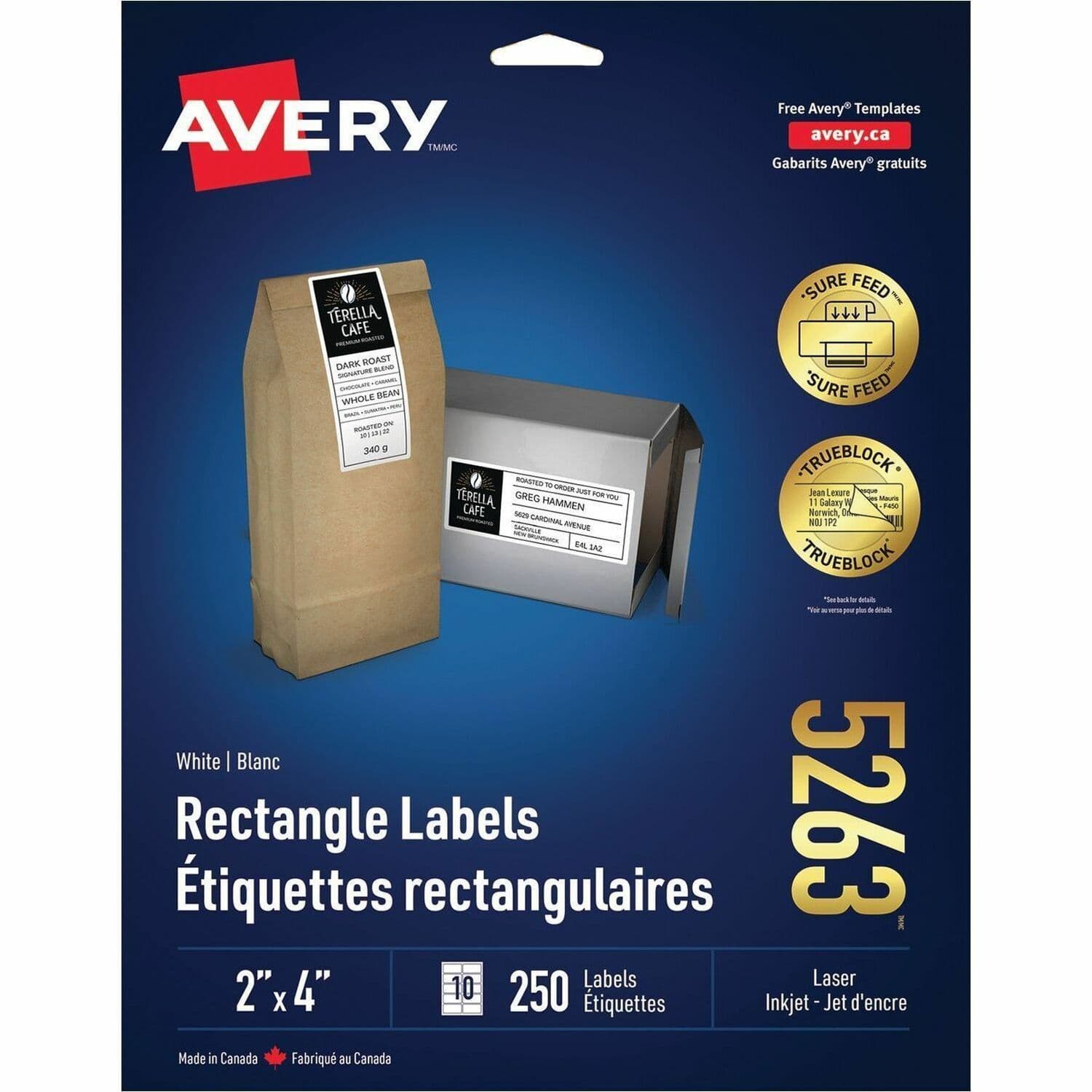 Avery® White Rectangle Labels with with Sure Feed Technology - 250 / Pack