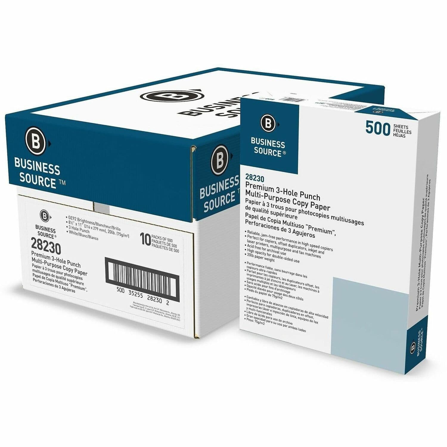 Business Source Premium Multipurpose 3-Hole Punch Copy Paper - White - 10 / Carton