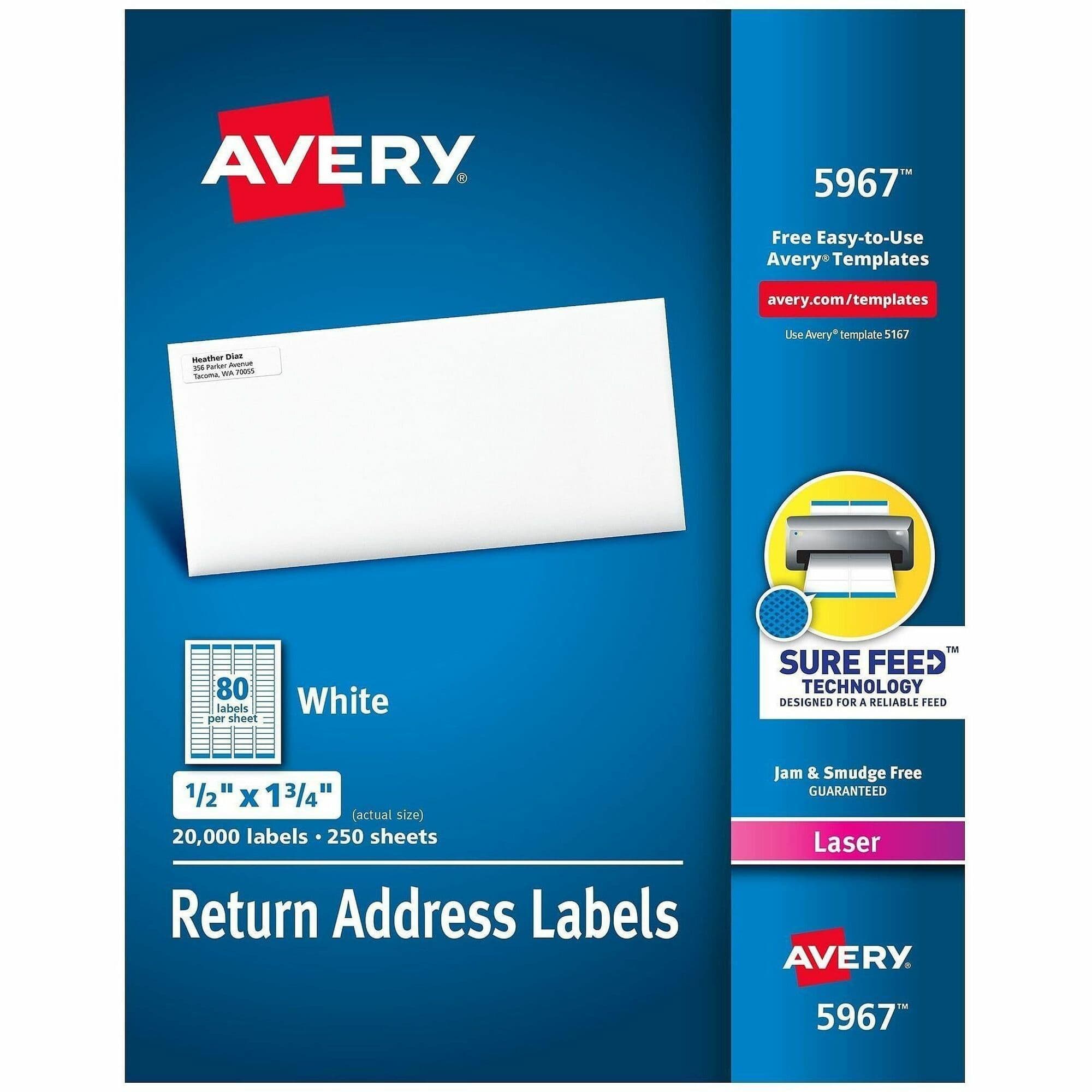 Avery® Address Labels, Sure Feed, 1/2" x 1-3/4" , 20,000 Labels (5967) - 20000 / Box