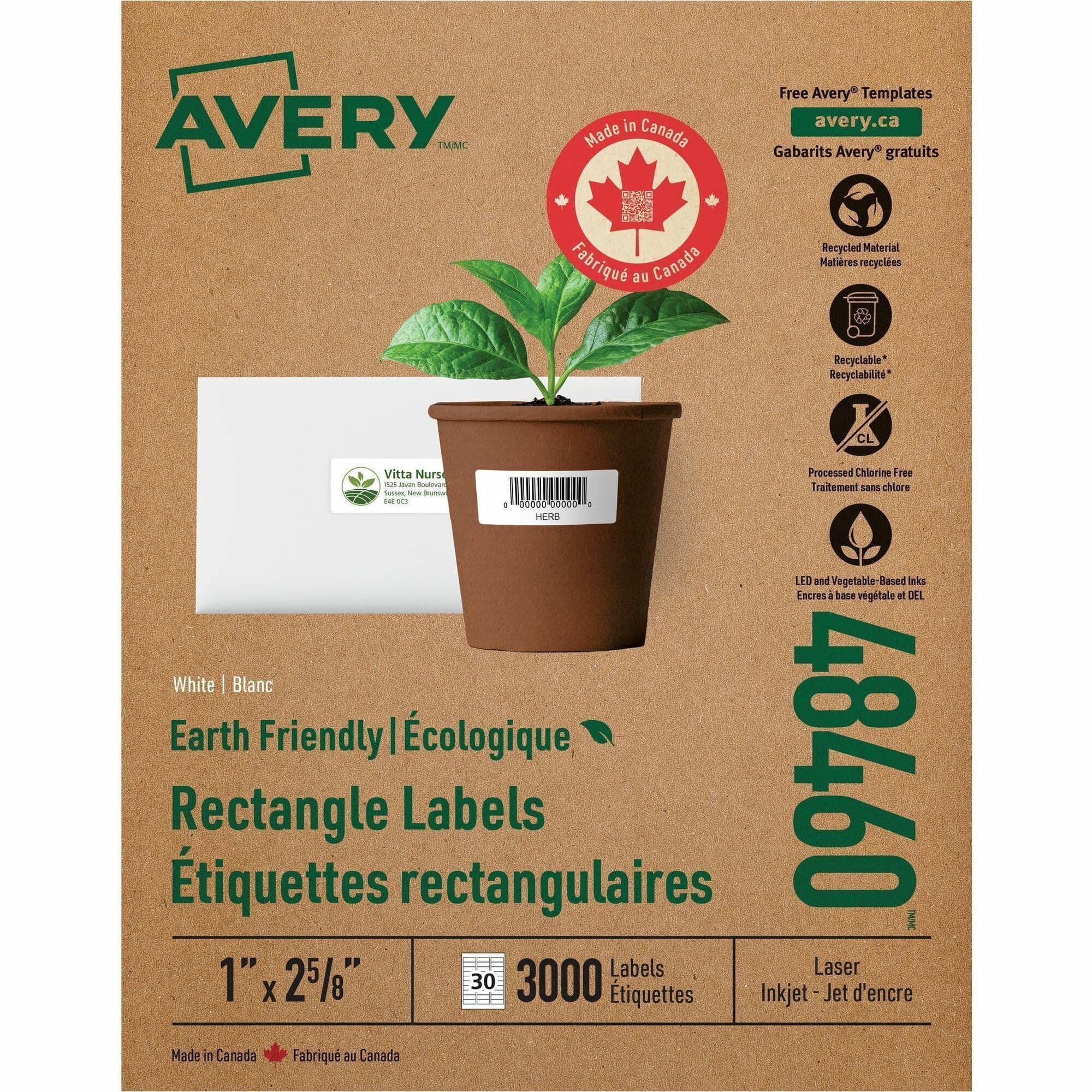 Avery Earth-Friendly White Rectangle Labels - 3000 / Box