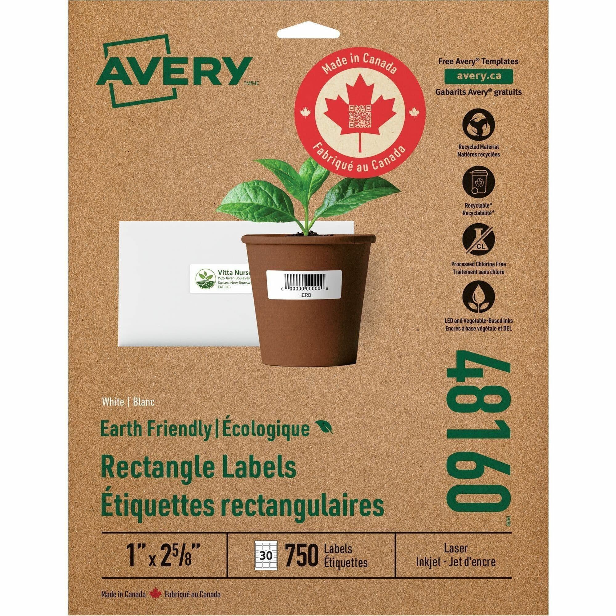 Avery Earth-Friendly White Rectangle Labels - 750 / Box