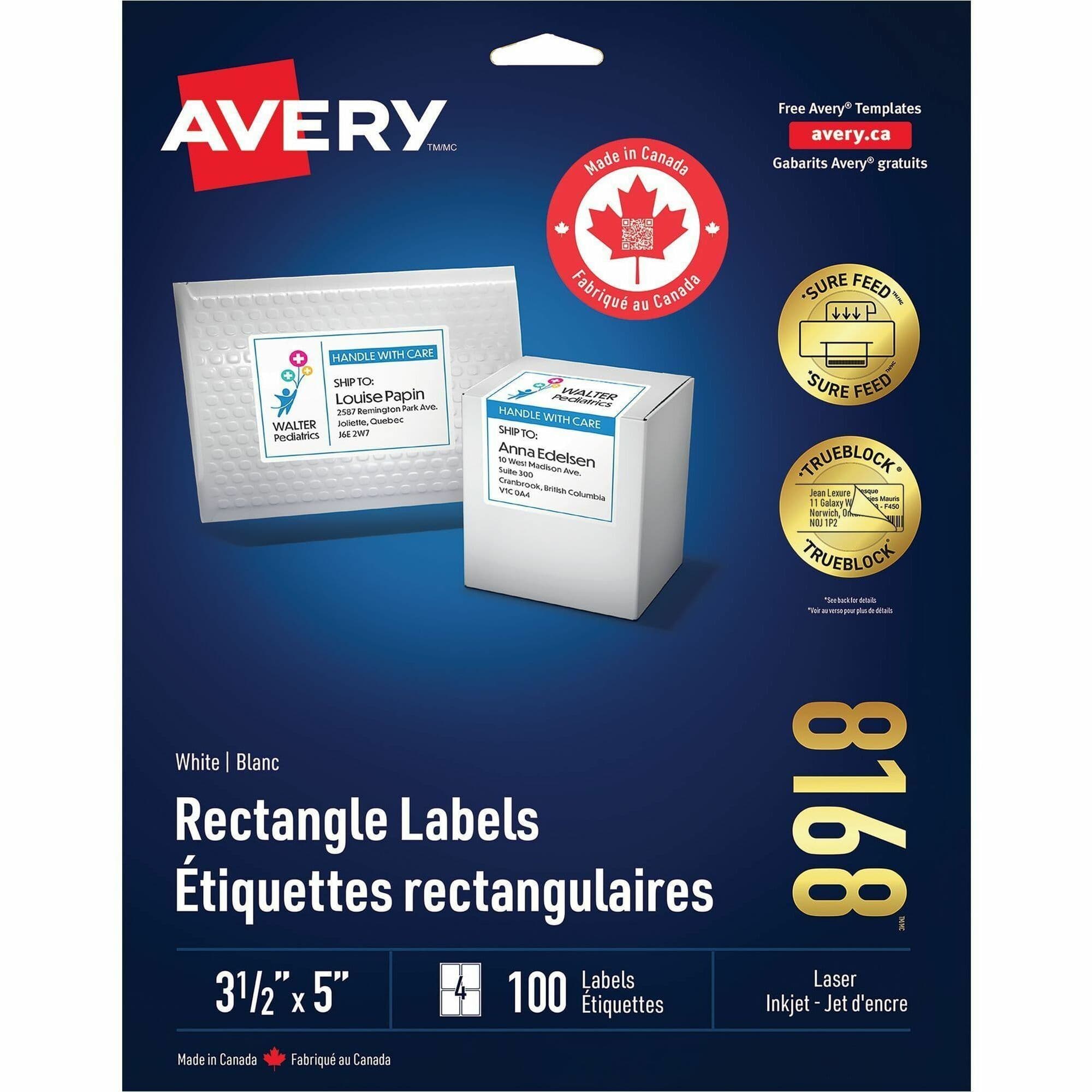 Avery® White Rectangle Labels with Sure Feed Technology - 100 / Pack