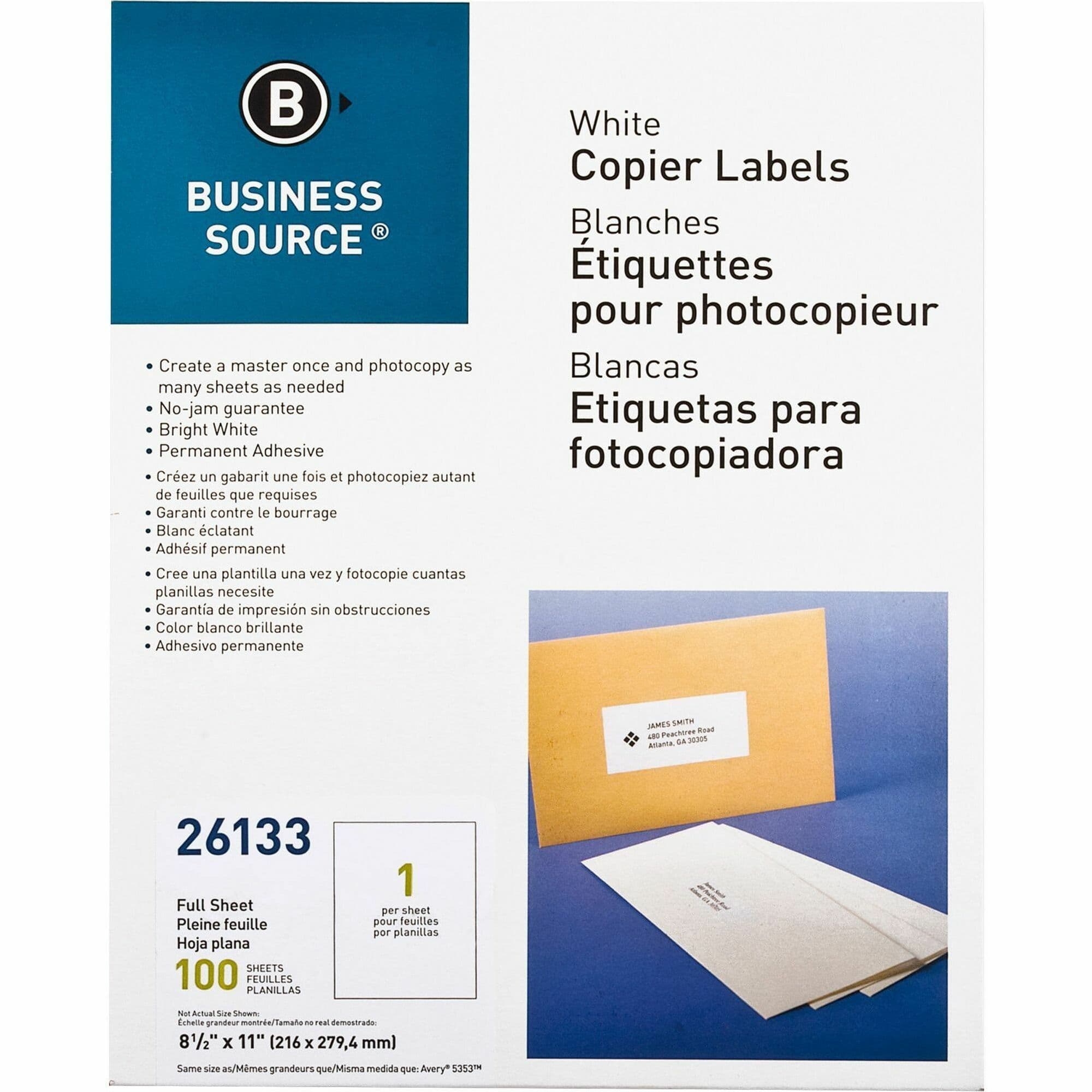 Business Source 8-1/2"x11" Copier Labels - 100 / Pack