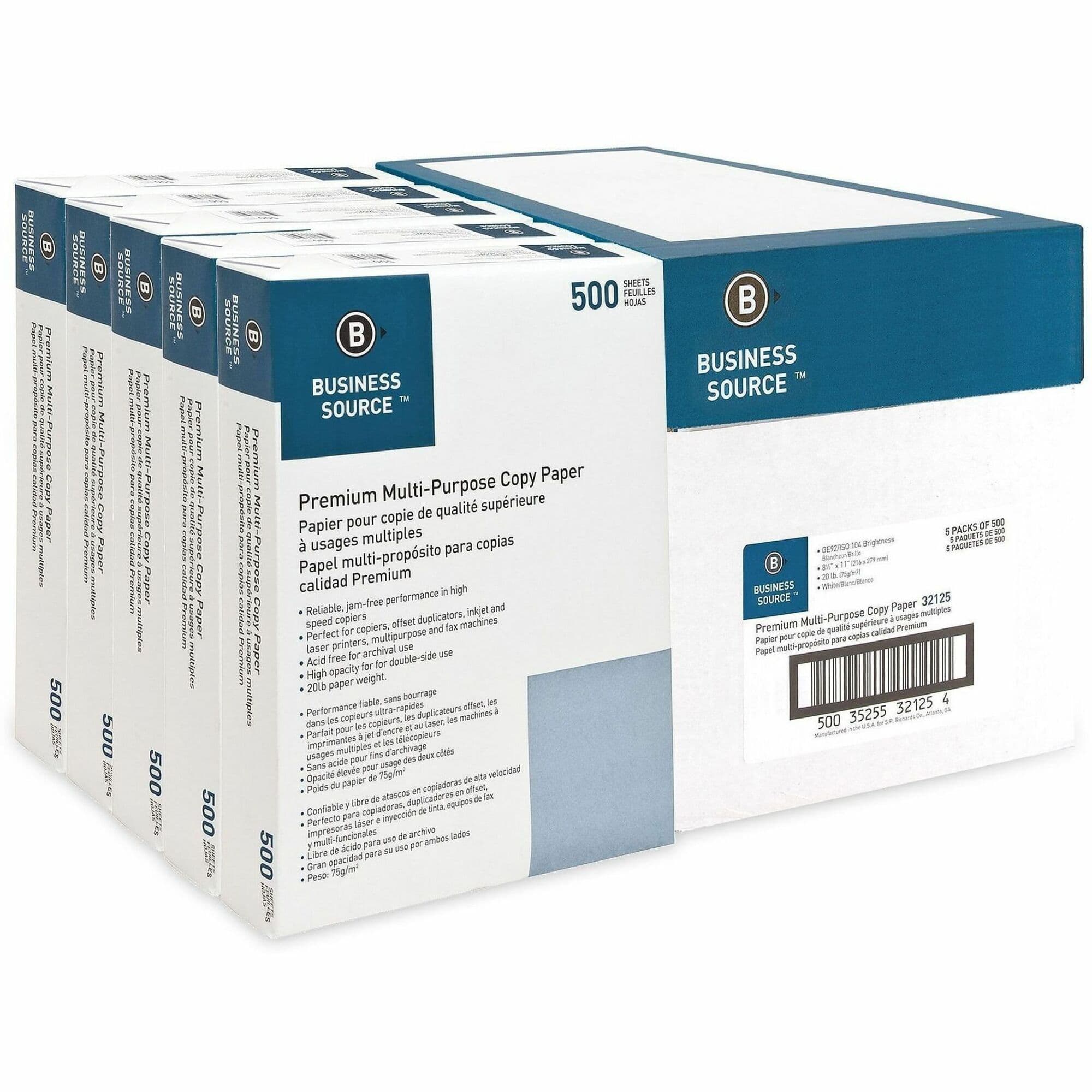 Business Source Premium Multipurpose Copy Paper - White - 5 / Carton