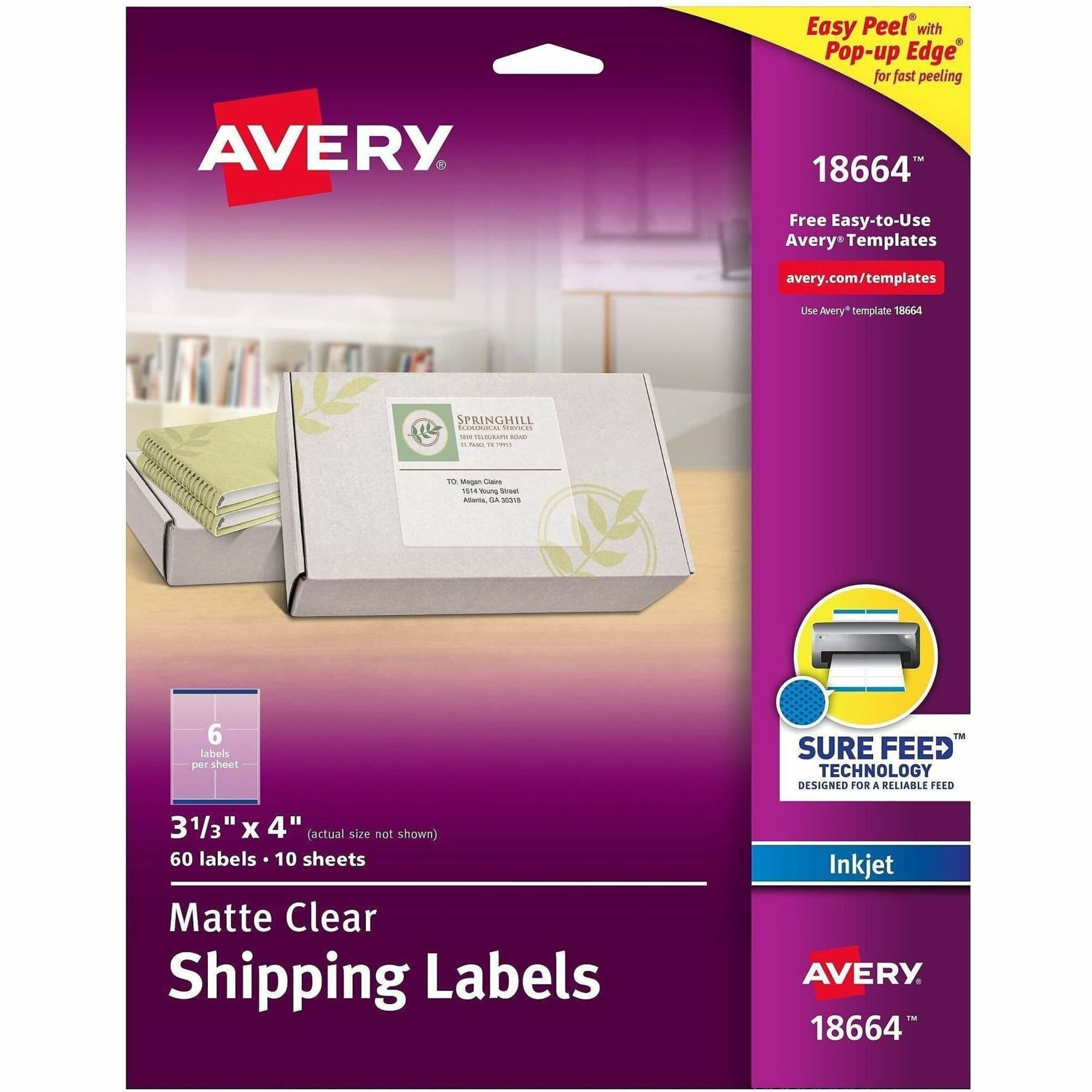 Avery® Clear Shipping Labels, Sure Feed, 3-1/3" x 4" , 60 Labels (18664) - 60 / Pack
