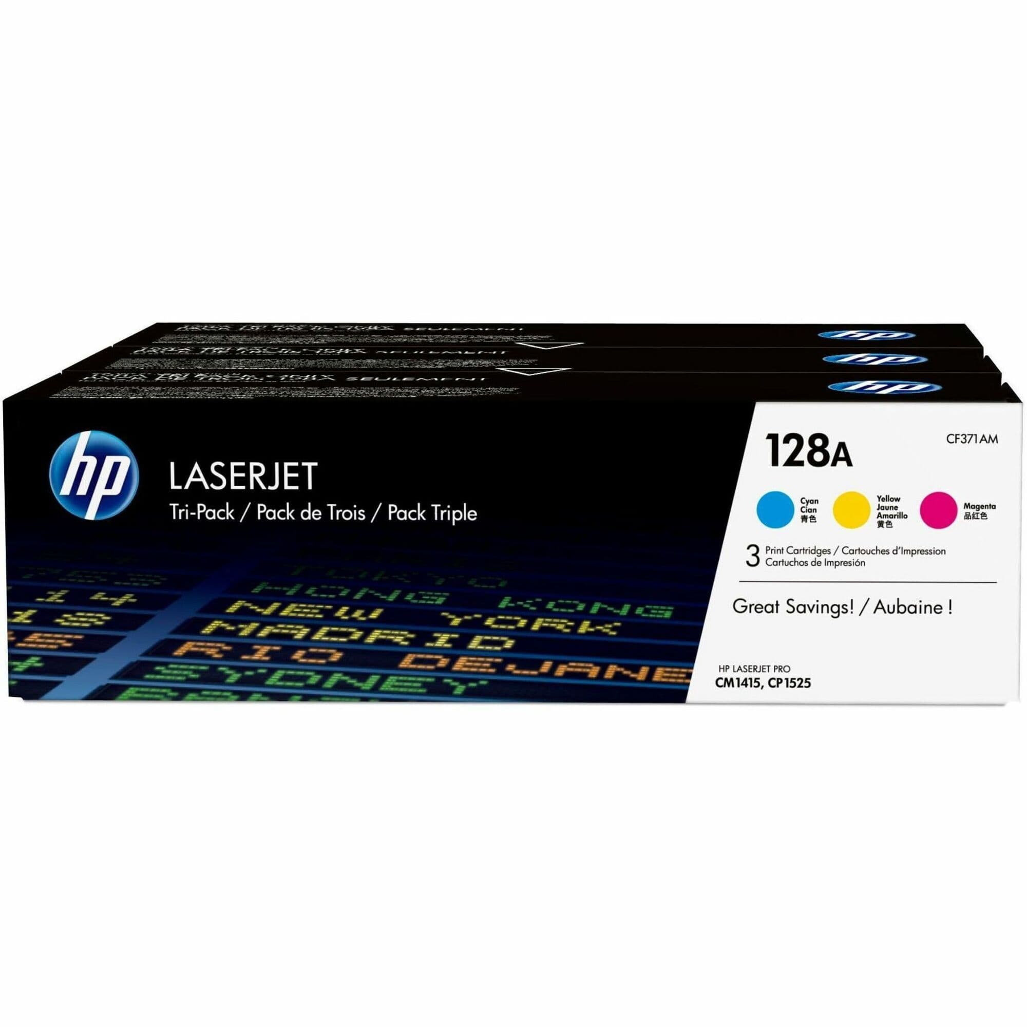 HP 128A Original Laser Toner Cartridge - Tri-pack - Cyan, Magenta, Yellow - 1 Carton