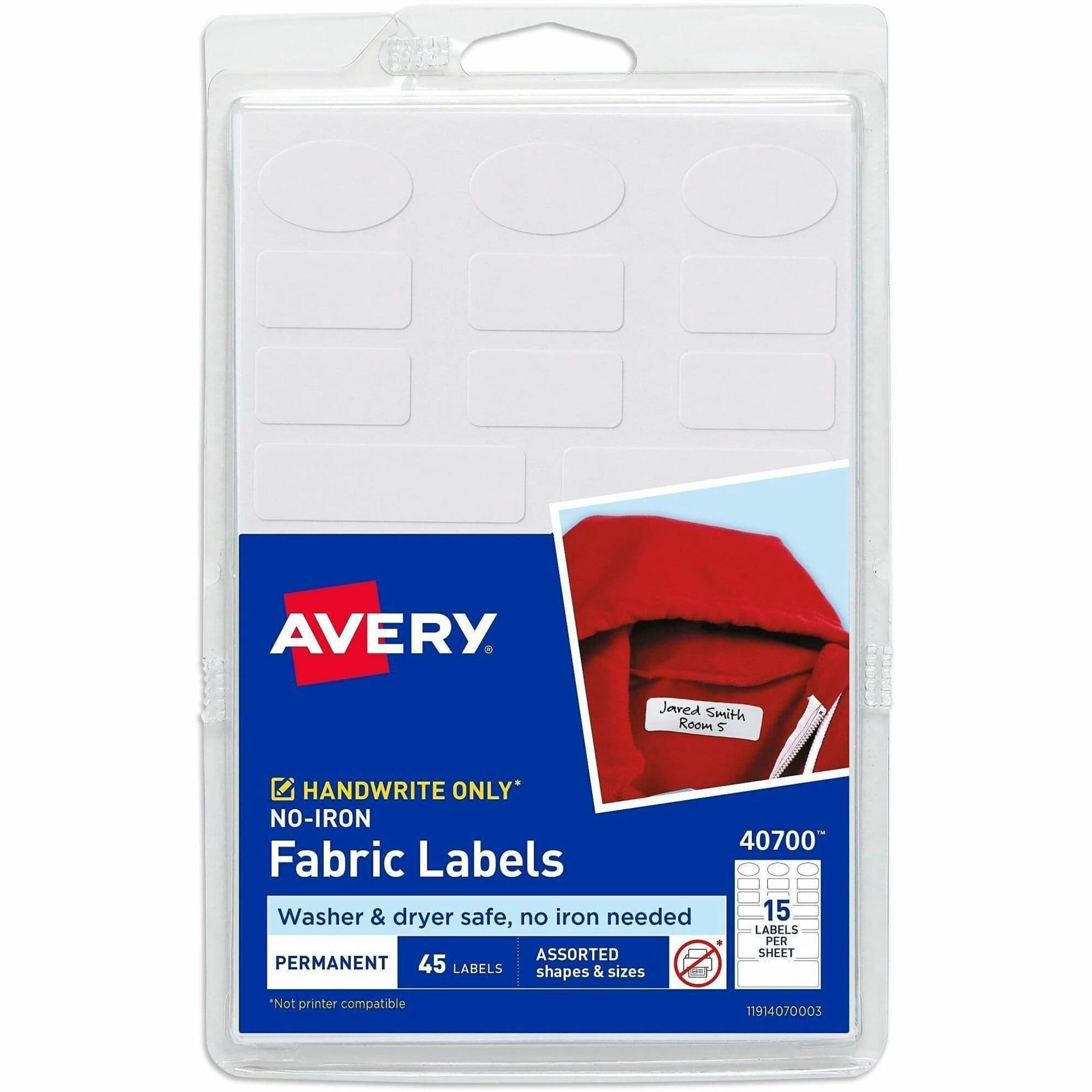 Avery® No-Iron Clothing Labels - Assorted Shapes & Sizes - 18 / Carton