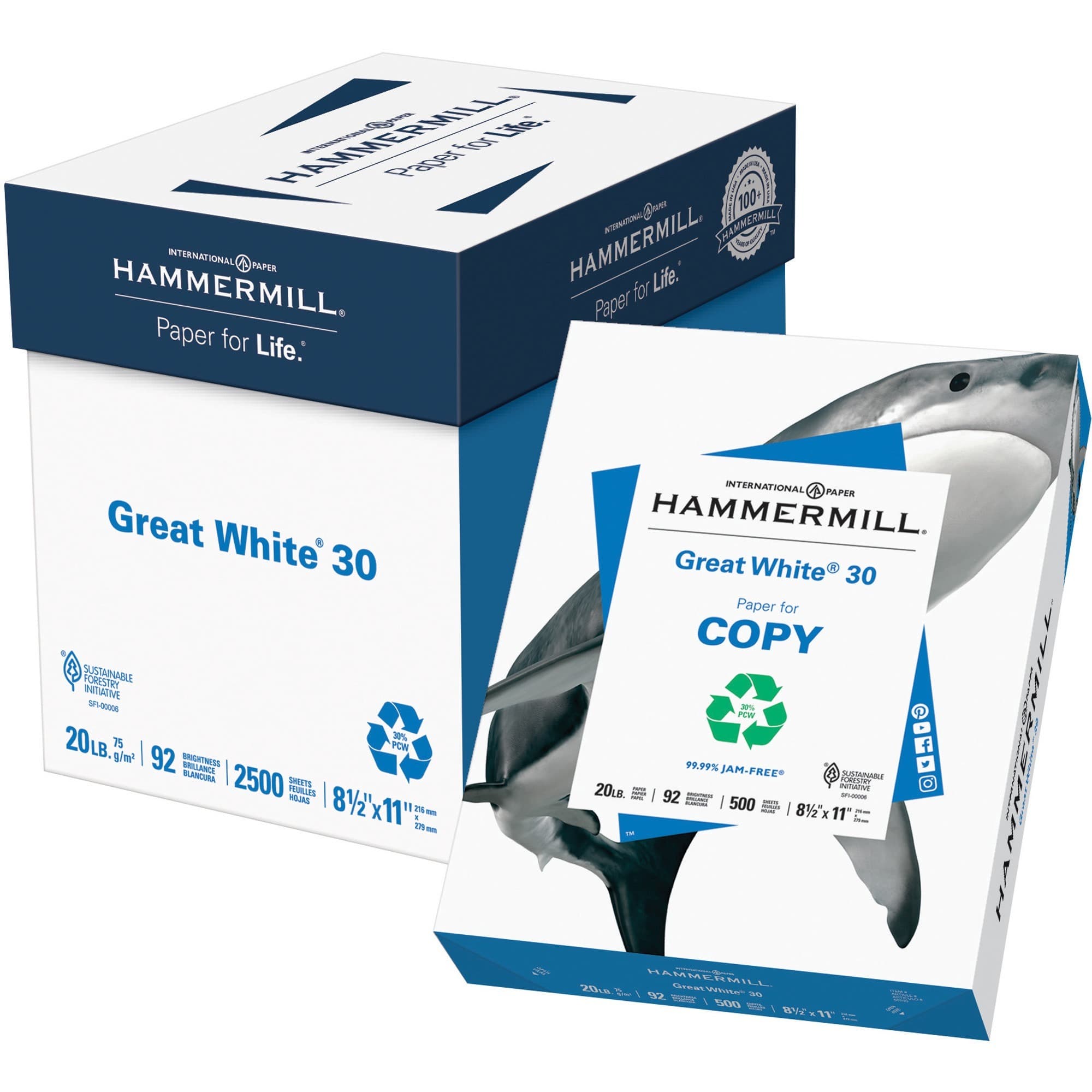 Hammermill Great White 30 Copy Paper - White - 5 / Carton