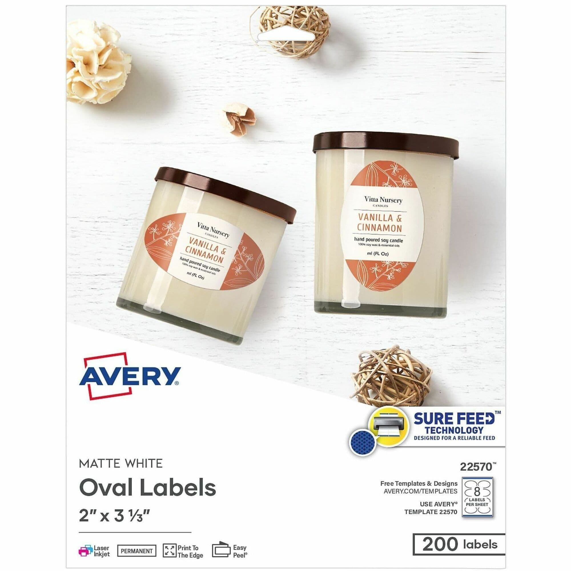 Avery Printable Oval Labels, 2" x 3-1/3" , White, 200 Labels (22570) - 200 / Pack