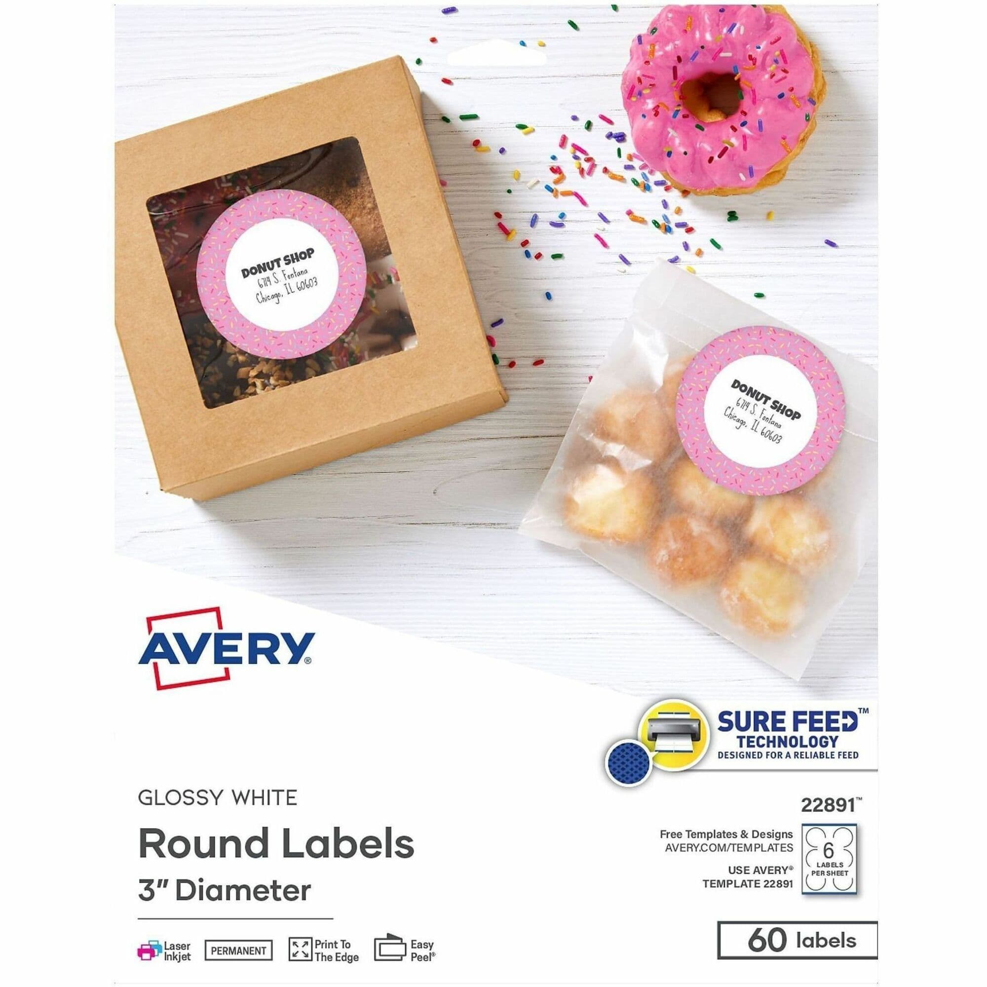 Avery® Glossy White Labels, 3" Round, 60 Labels (22891) - 60 / Pack