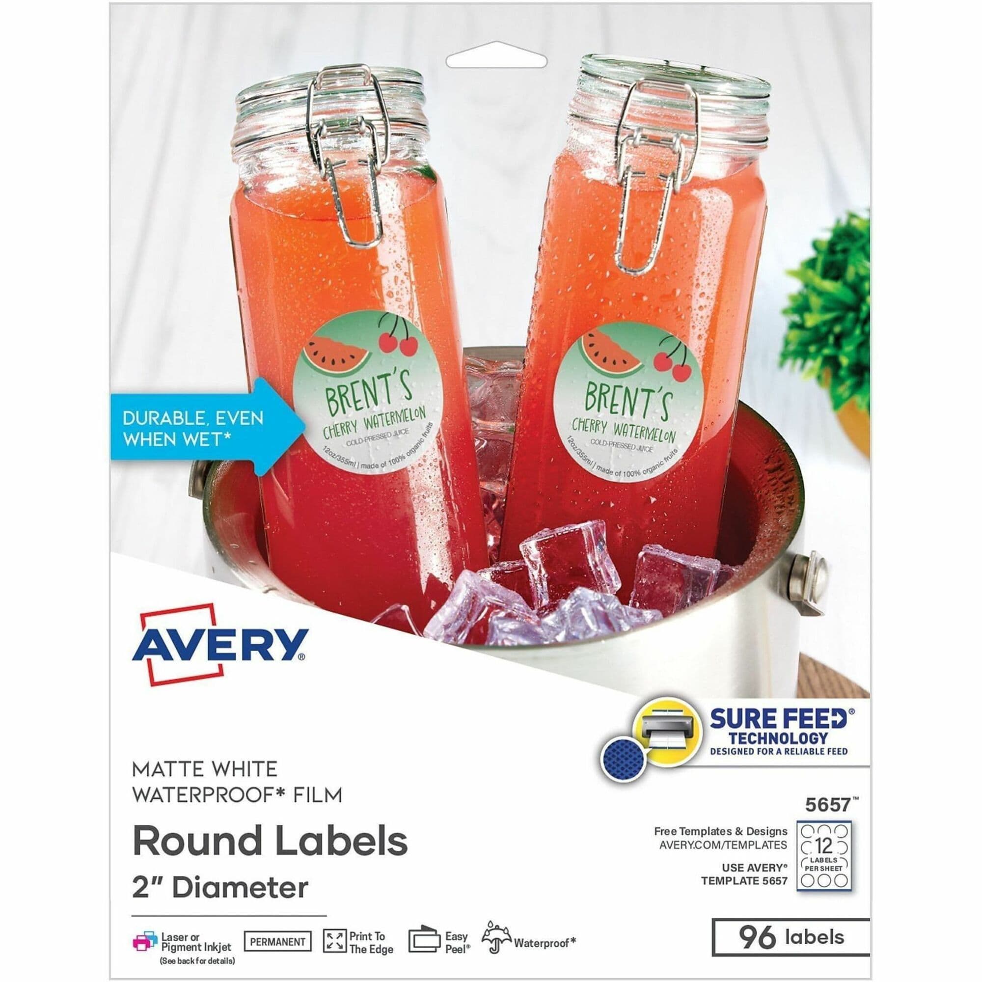 Avery 2" Waterproof Round Labels - 96 / Pack
