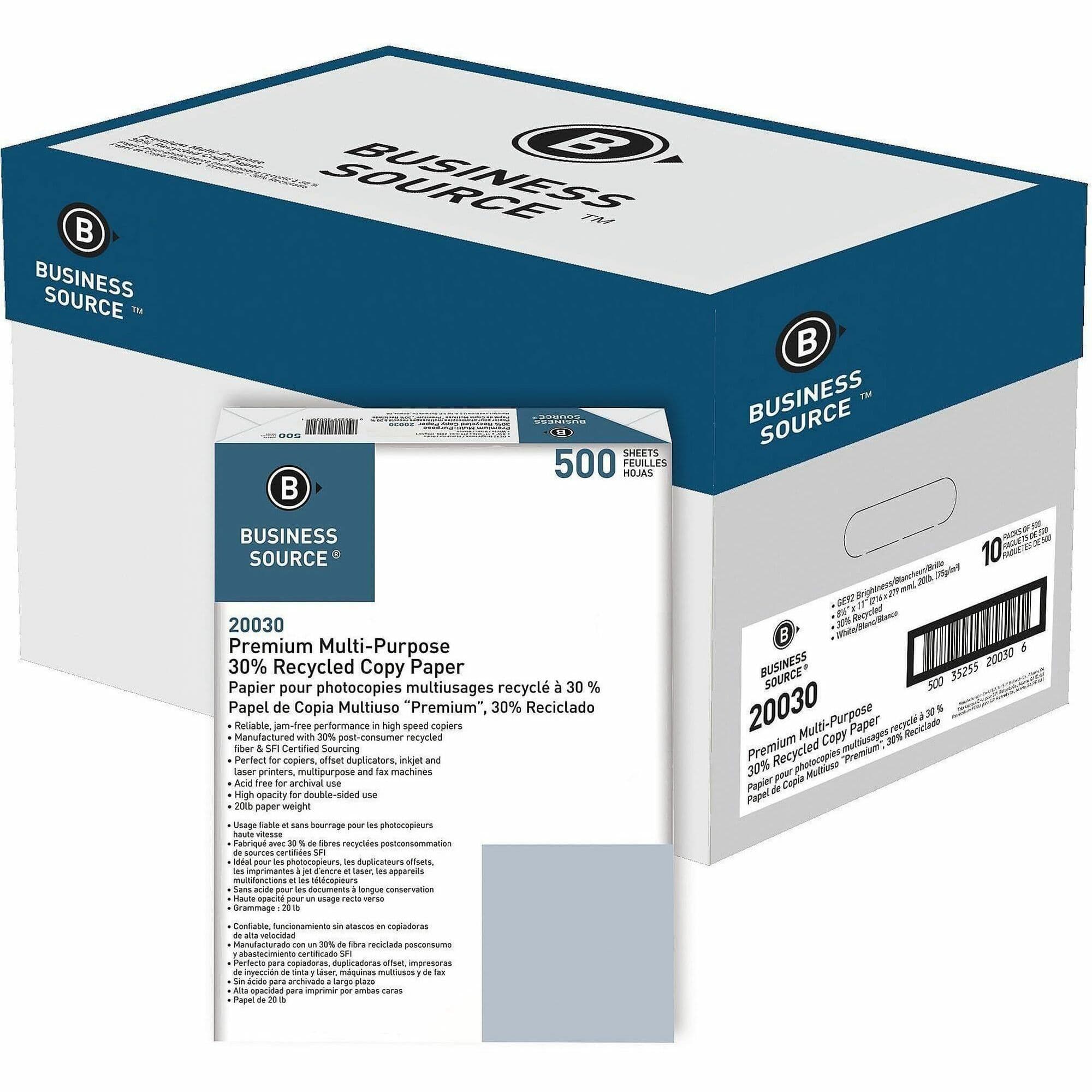 Business Source Recycled Copy Paper - 10 / Carton
