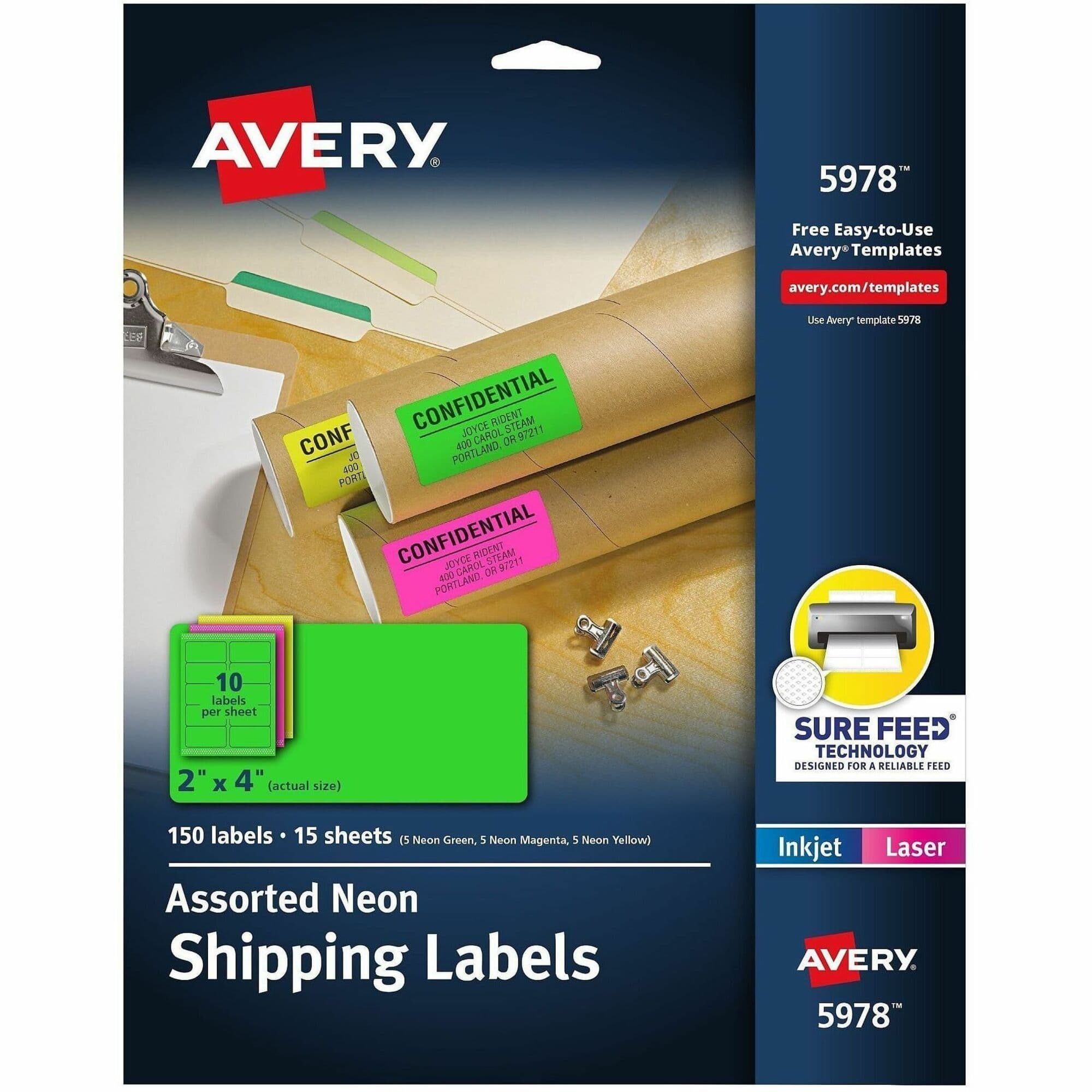 Avery® 2"x4" Neon Shipping Labels, Sure Feed, 150 Labels (5978) - 150 / Pack