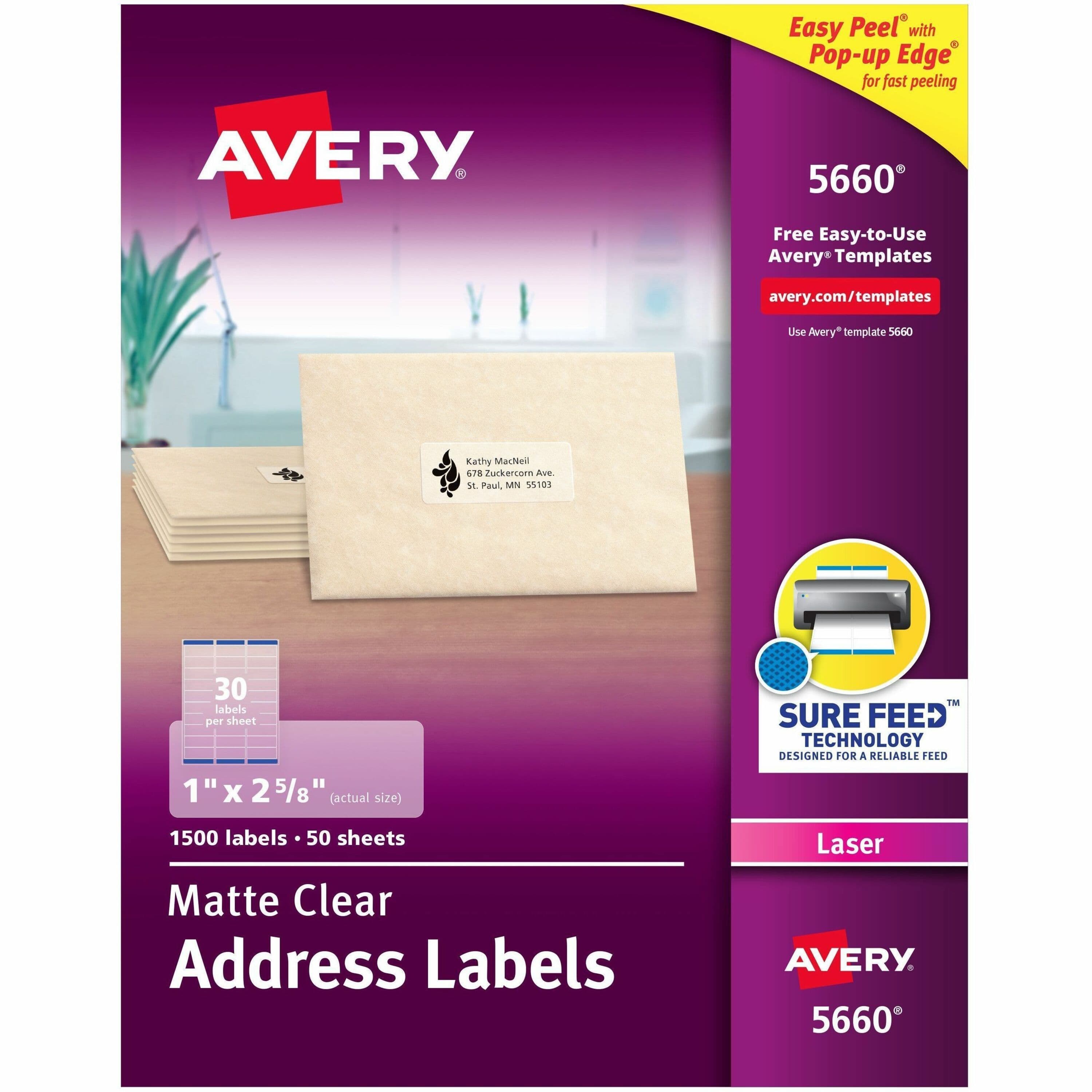 Avery Address Labels, 1" x 2-5/8" , Matte Clear, 1,500ct (5660) - 1500 / Box