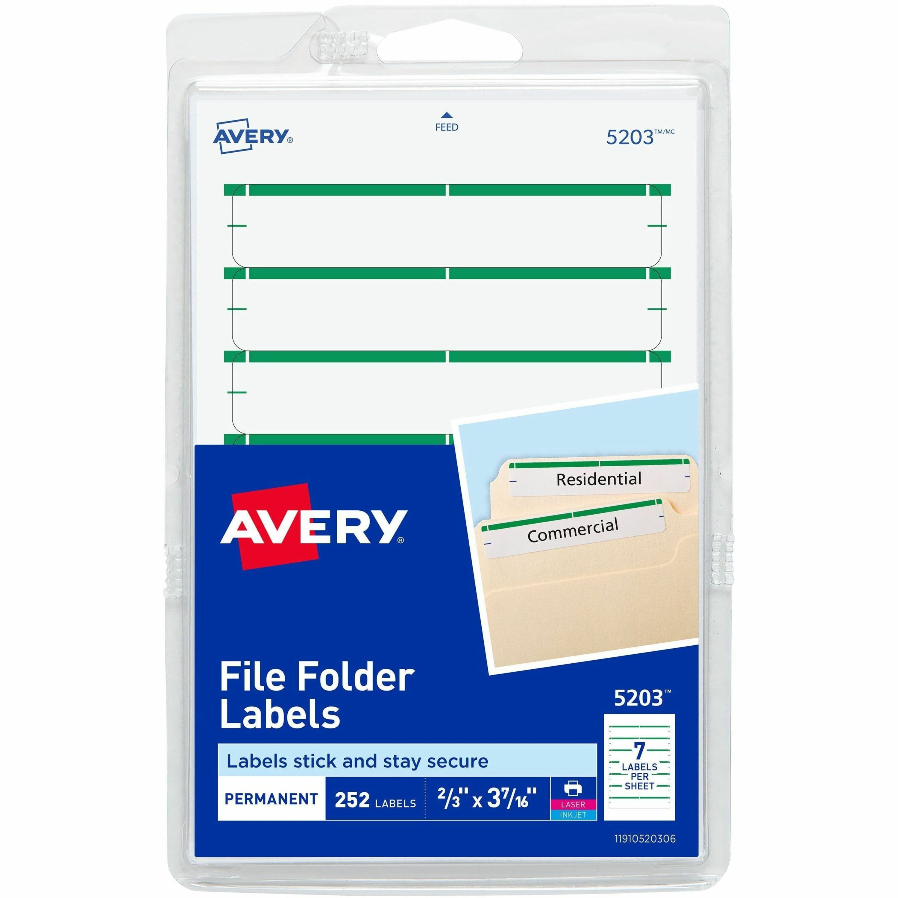 Avery® File Folder Labels, White/Green, 2/3" x 3-7/16" , 252 (5203) - 252 / Pack
