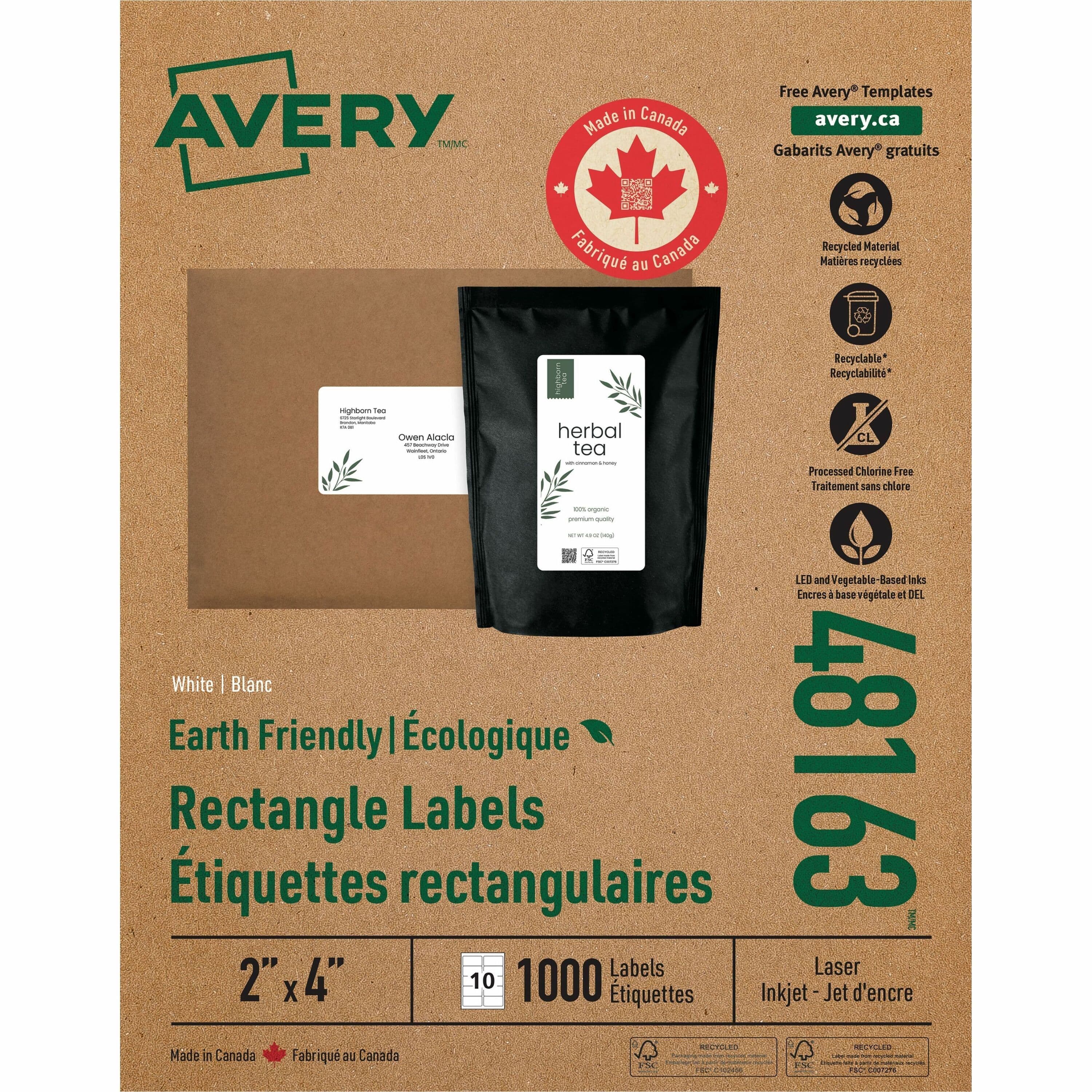 Avery Earth-Friendly White Rectangle Labels - 1000 / Box