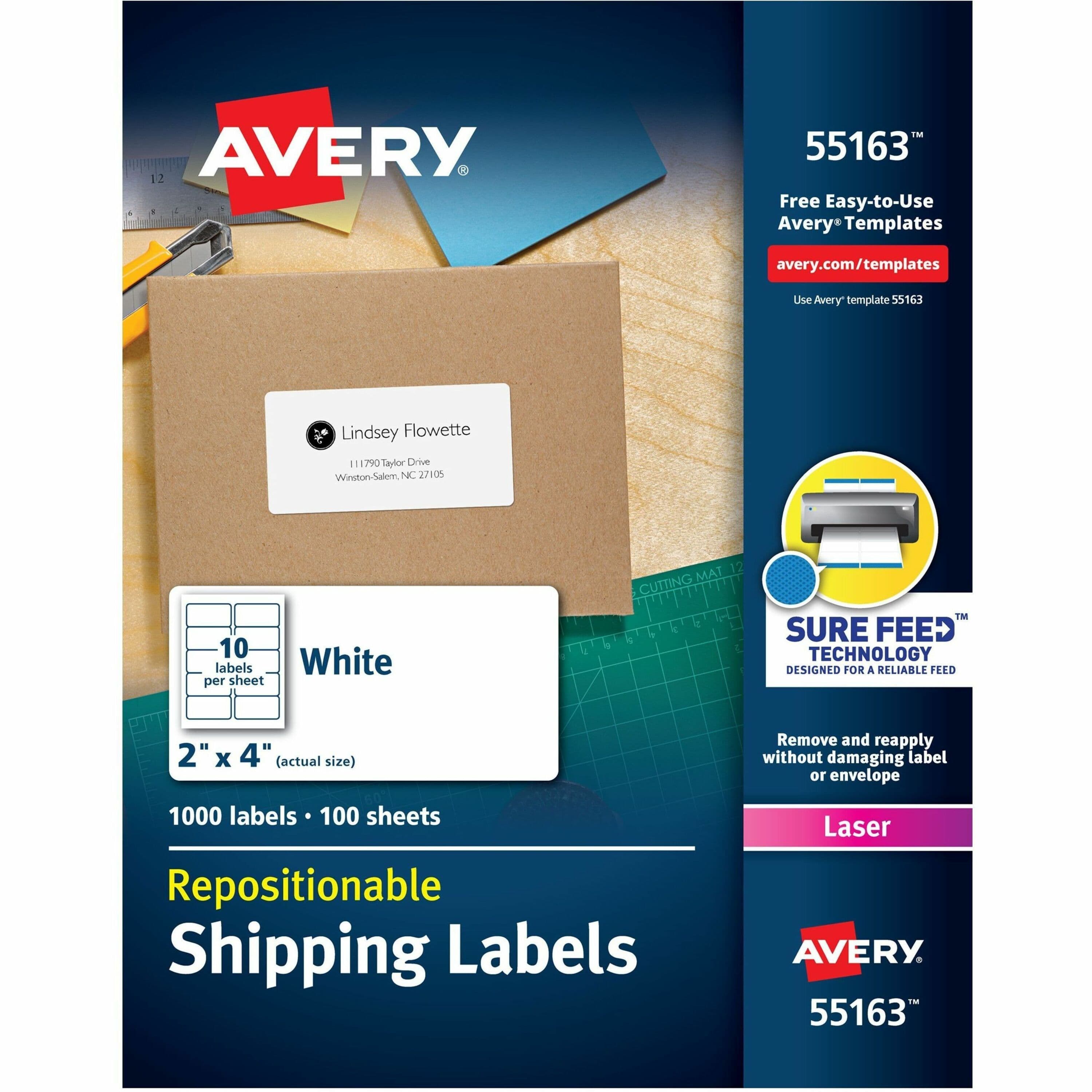 Avery® Repositionable Labels, Sure Feed, 2" x 4" , 1,000 Labels (55163) - 1000 / Box
