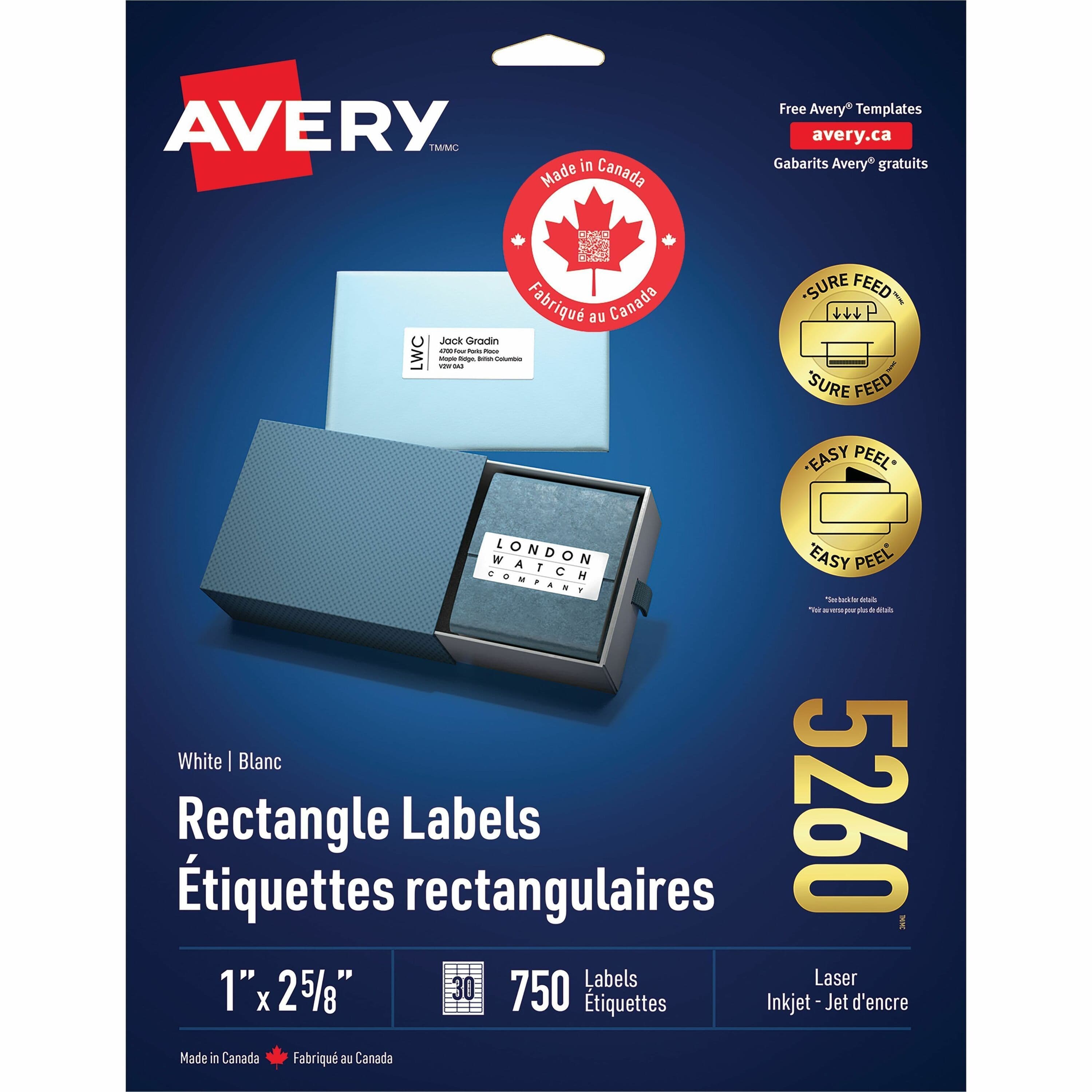 Avery® White Rectangle Labels with Sure Feed Technology - 750 / Pack