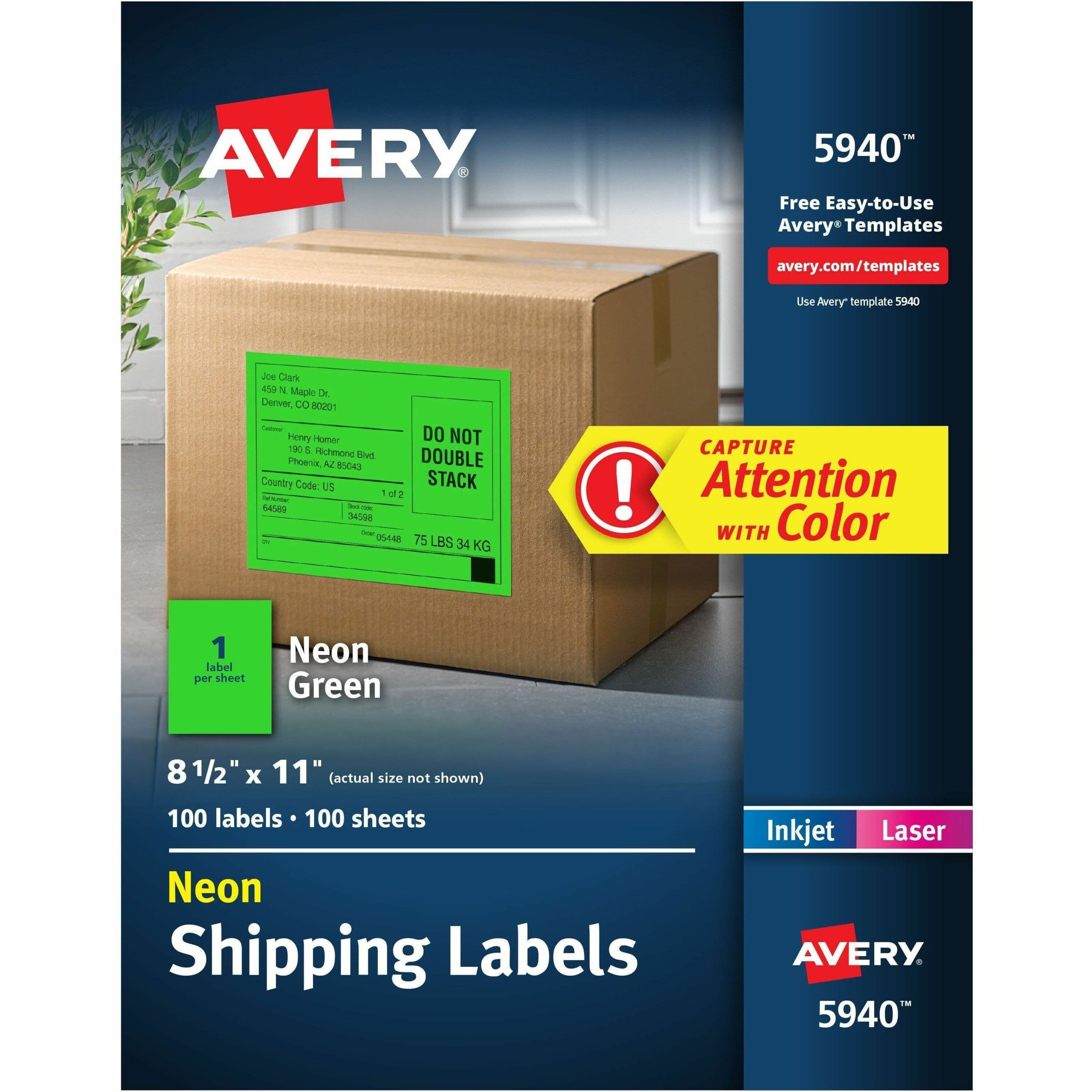 Avery® Neon Shipping Labels, 8-1/2" x 11" , 100 Labels (5940) - 100 / Box
