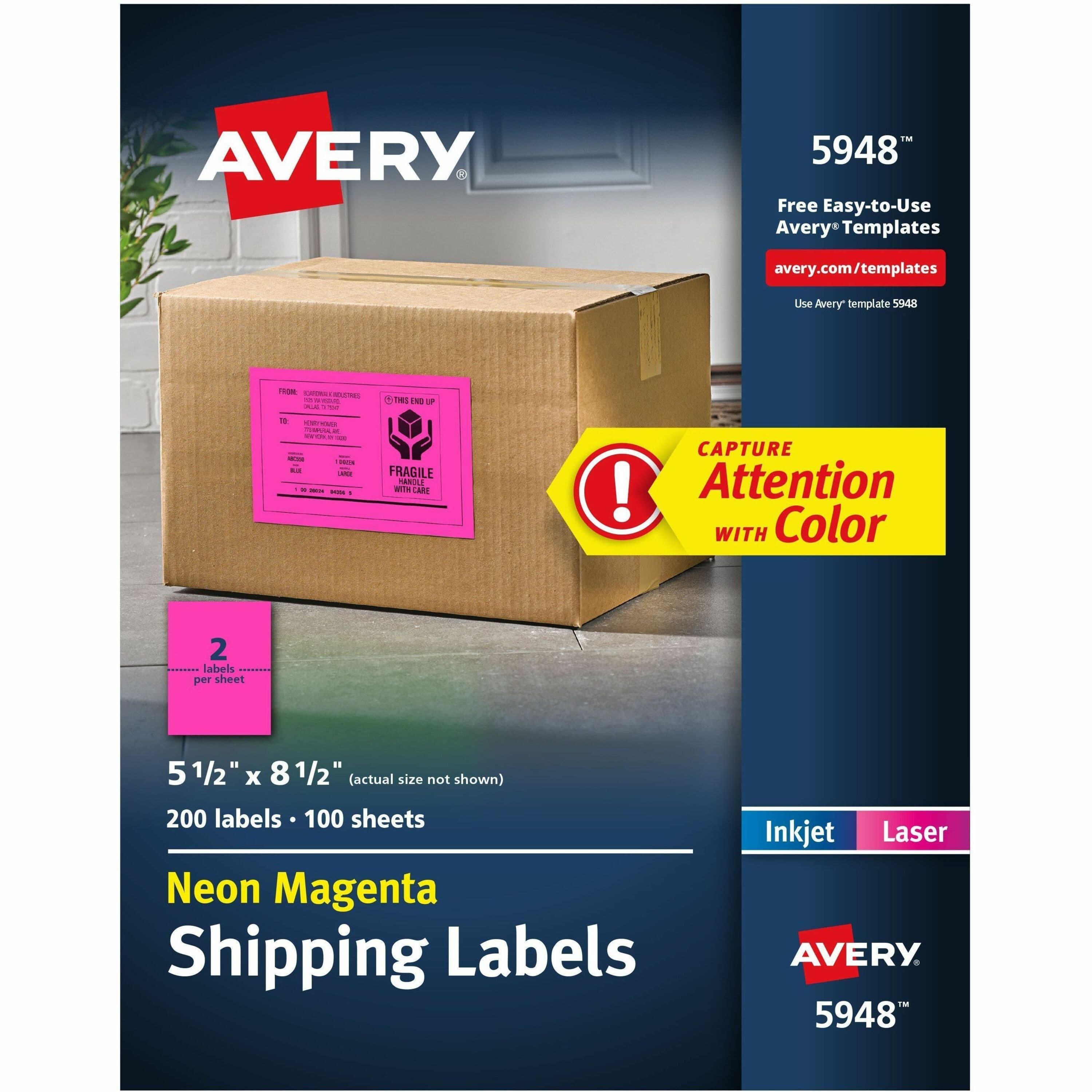 Avery® Neon Shipping Labels, 5-1/2" x 8-1/2" , 200 Labels (5948) - 100 / Box