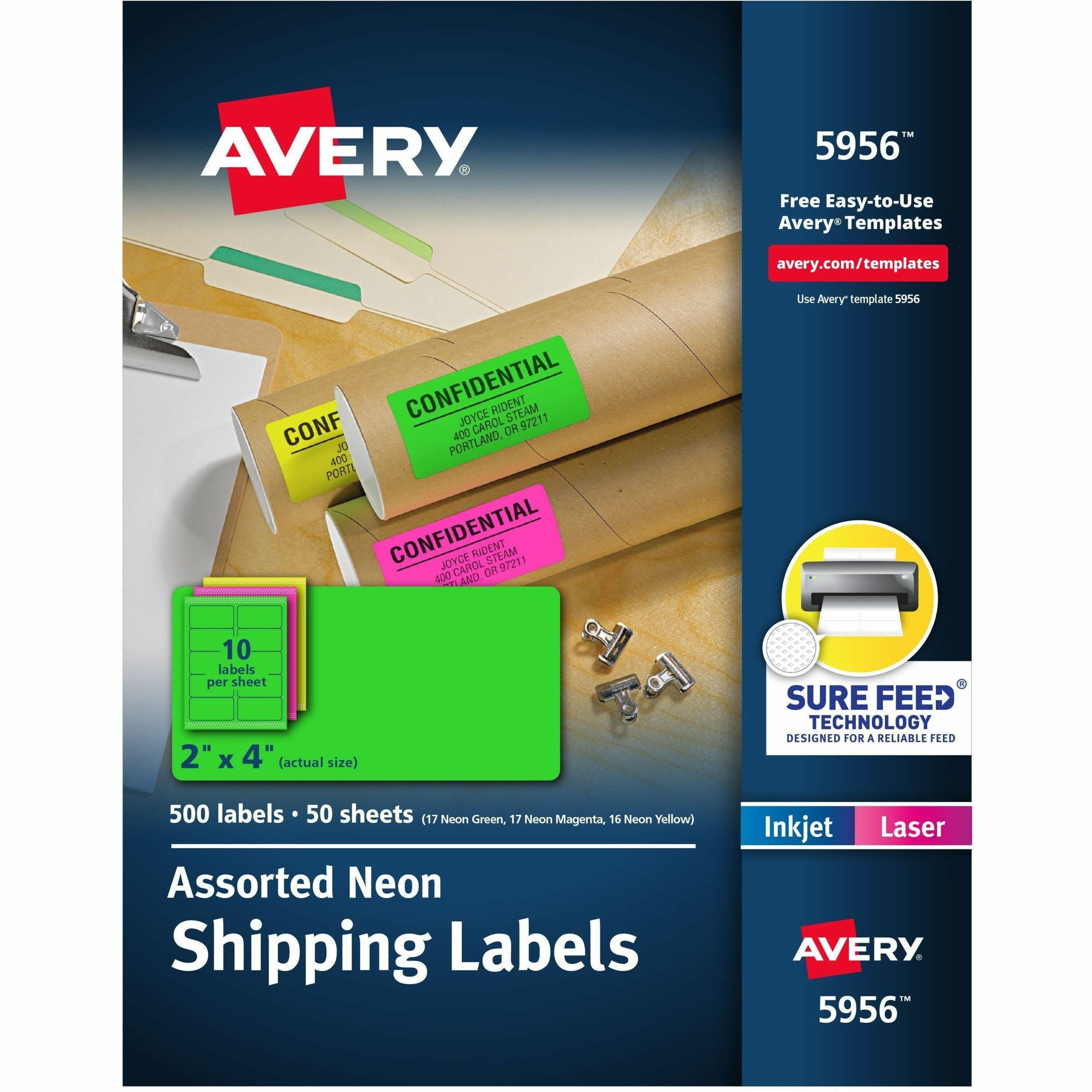 Avery® 2"x 4" Neon Shipping Labels with Sure Feed, 500 Labels (5956) - 500 / Box