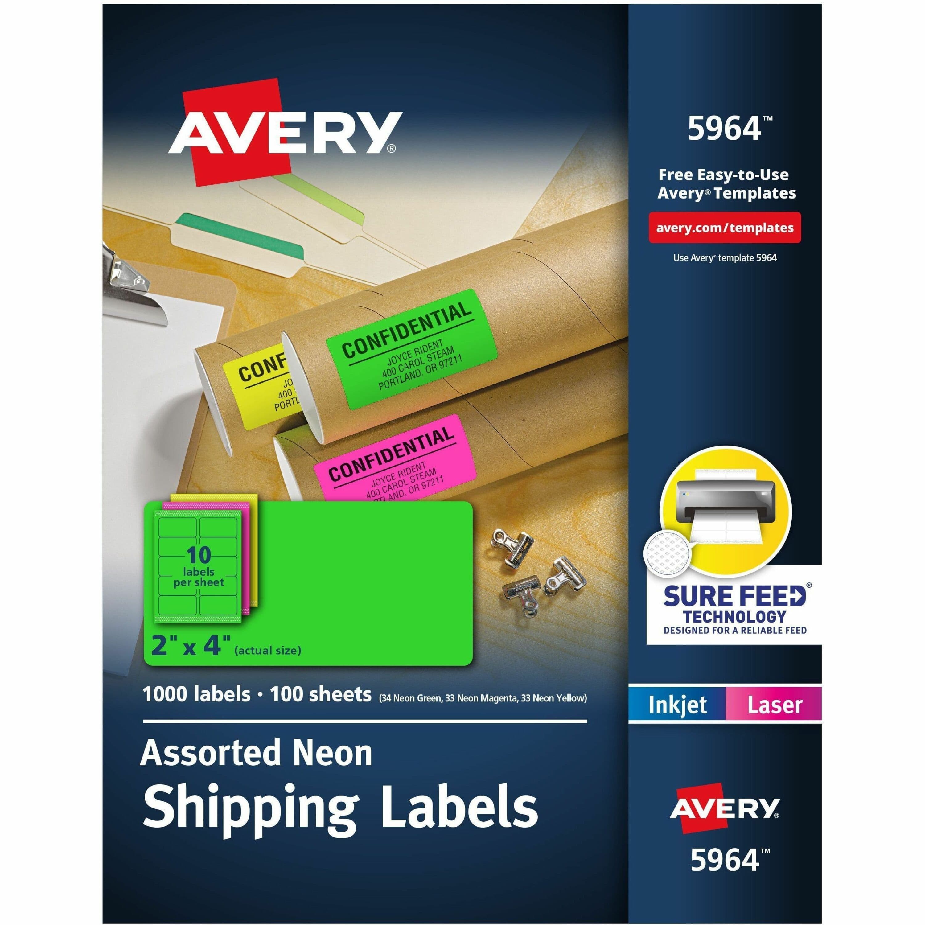 Avery® 2"x 4" Neon Shipping Labels with Sure Feed, 1,000 Labels (5964) - 100 / Box
