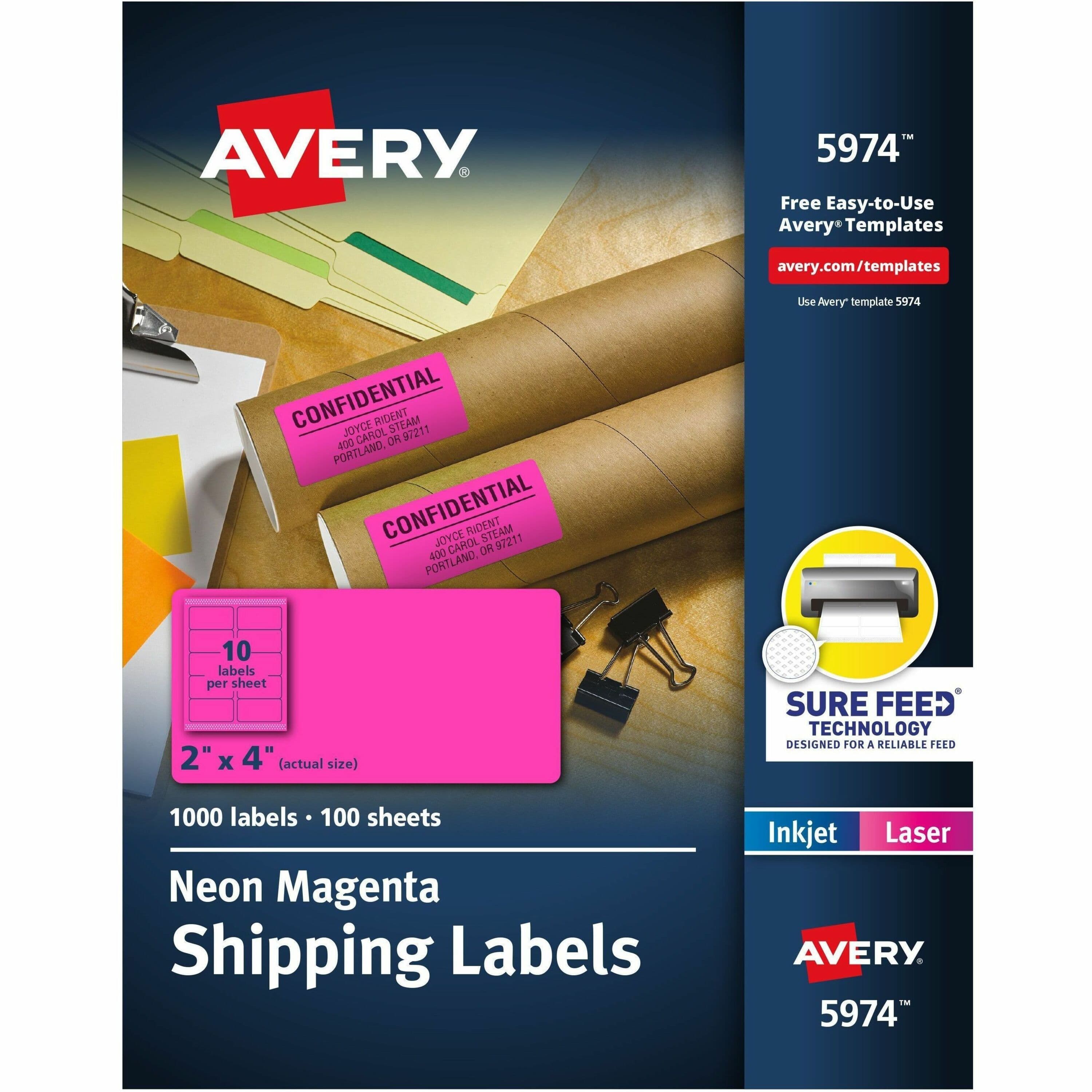 Avery® 2" x 4" Neon Shipping Labels with Sure Feed, 1,000 Labels (5974) - 100 / Box