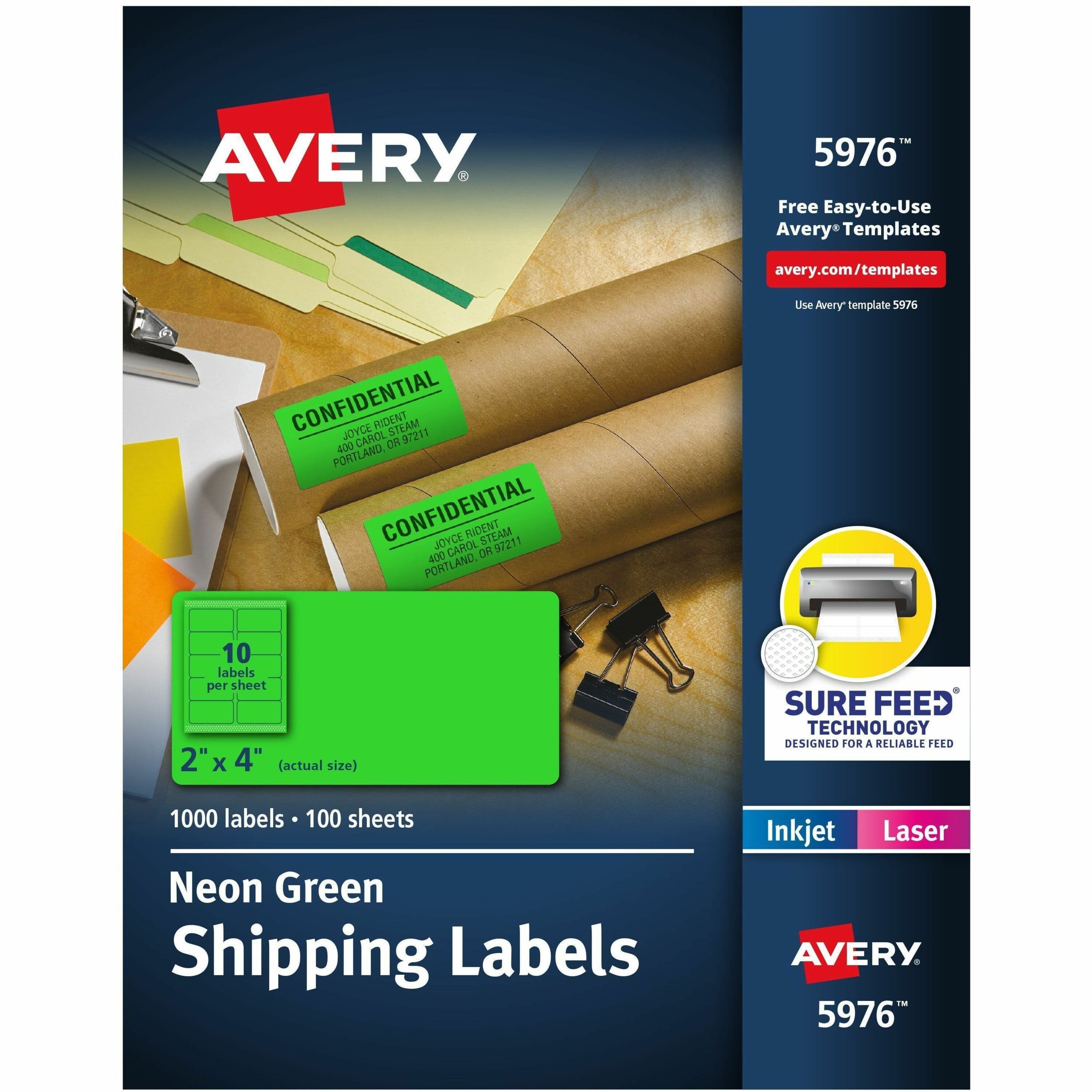 Avery® 2"x 4" Neon Shipping Labels with Sure Feed, 1,000 Labels (5976) - 100 / Box