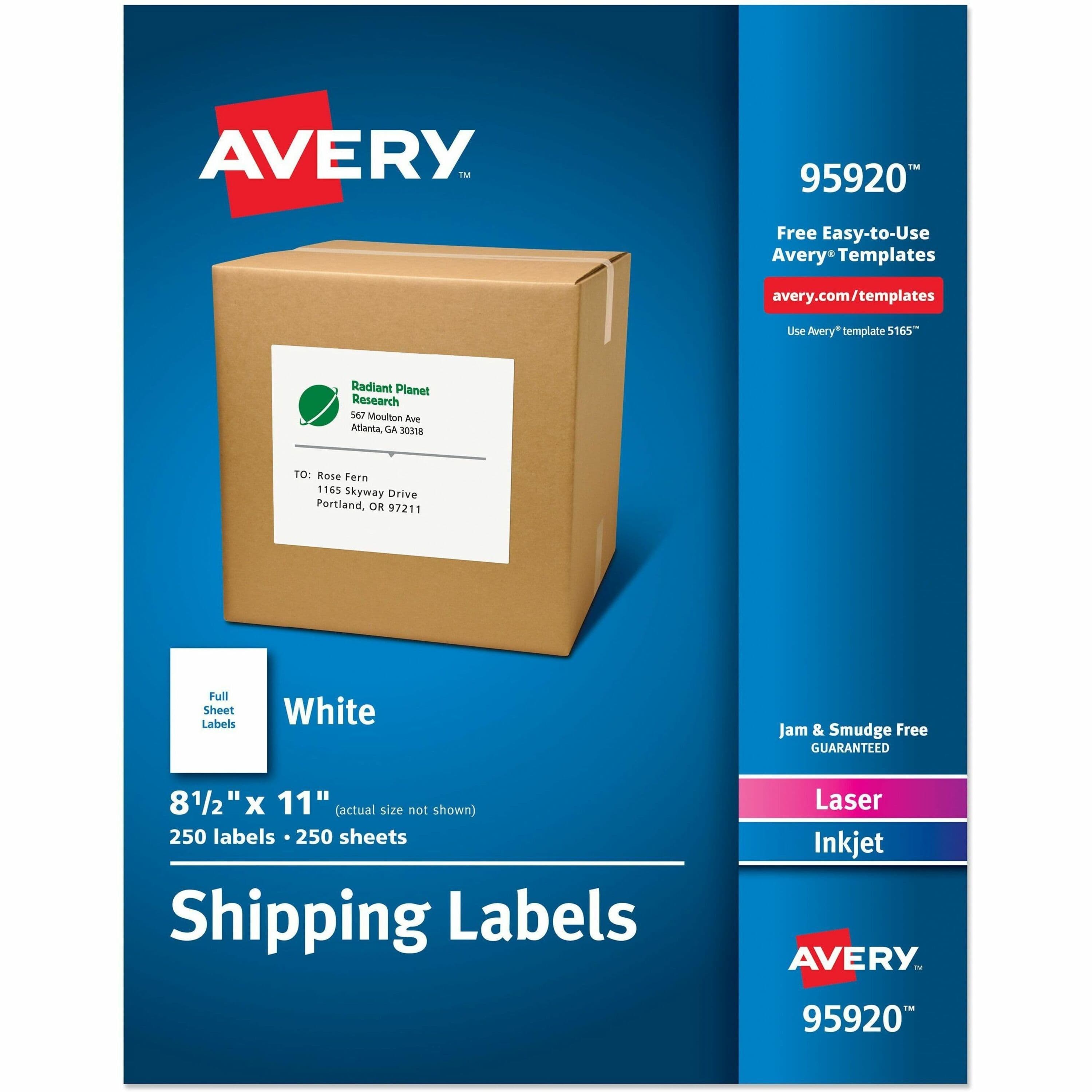 Avery® Shipping Address Labels, 250 Labels, Full Sheet Labels, Permanent (95920) - 250 / Box