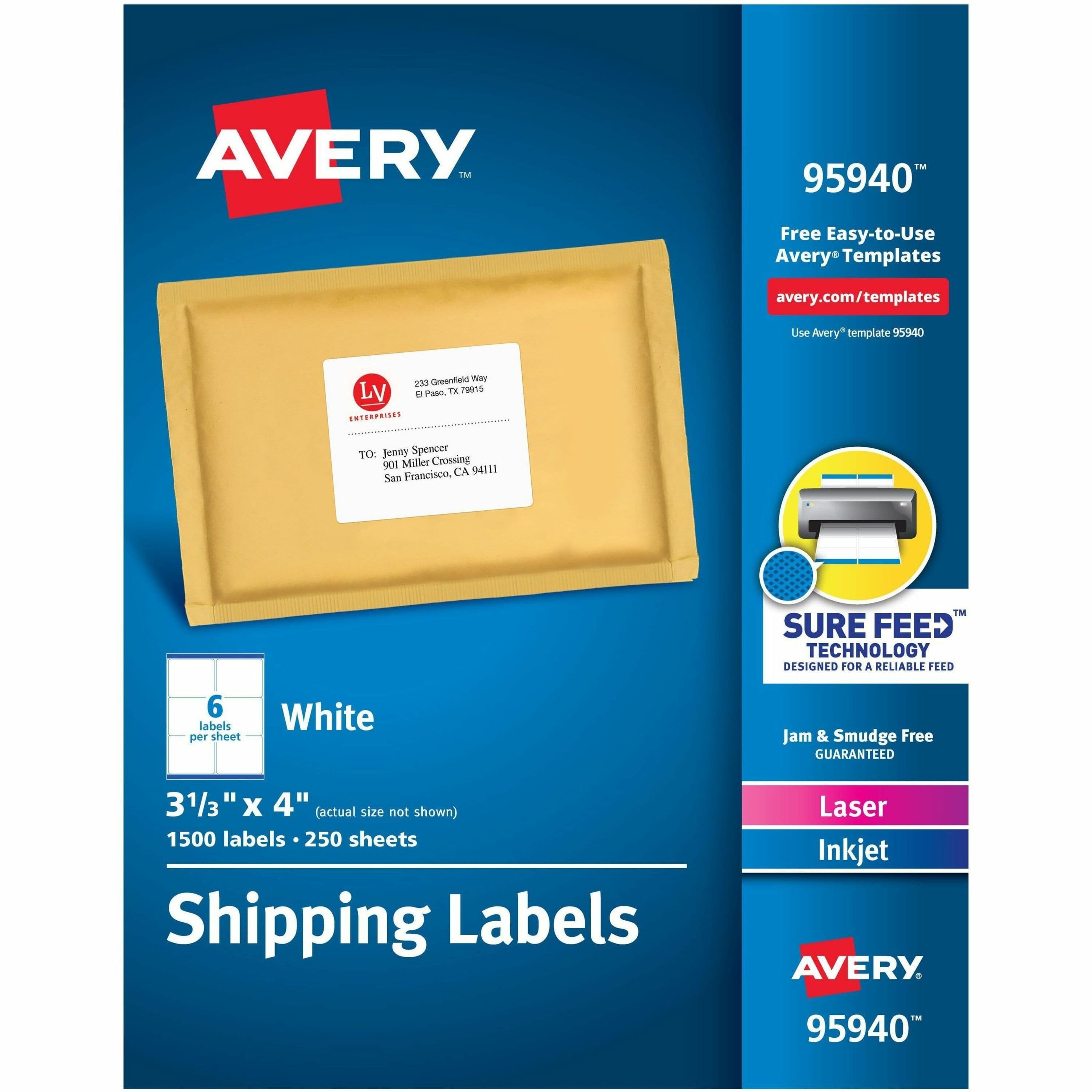 Avery® Shipping Labels, Sure Feed, 3-1/3" x 4" , 1,500 Labels (95940) - 250 / Box