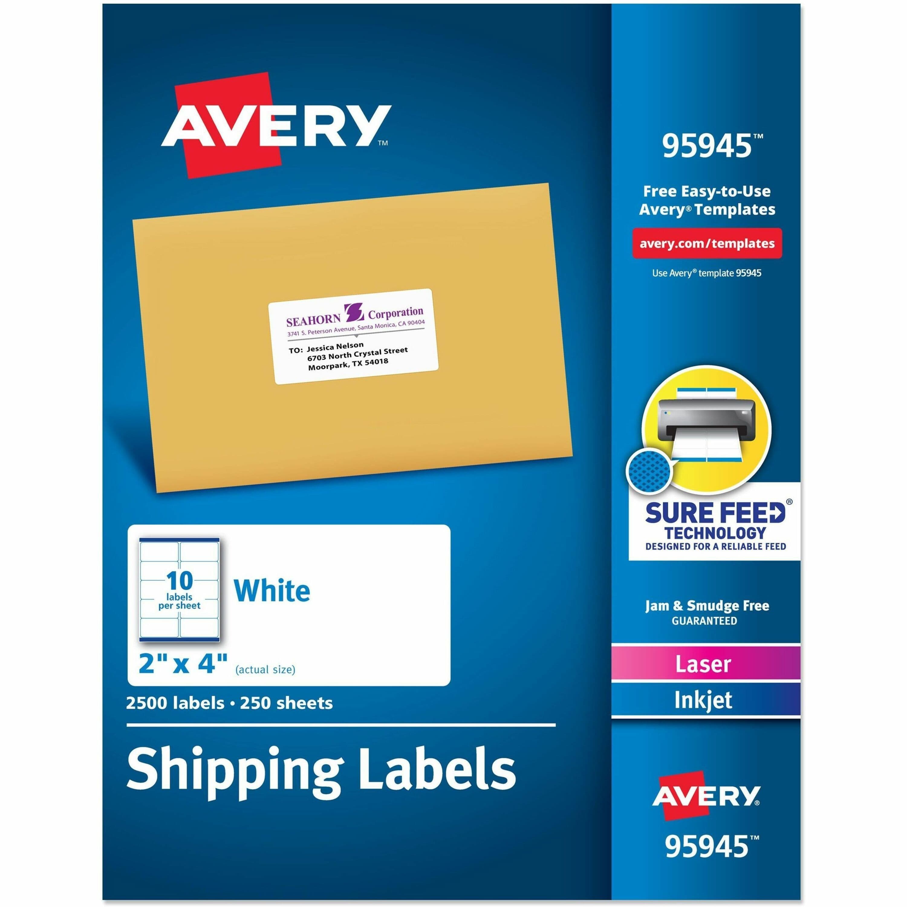 Avery® Shipping Labels, Sure Feed, 2"x4" , 2500 Glossy Labels (95945) - 250 / Box