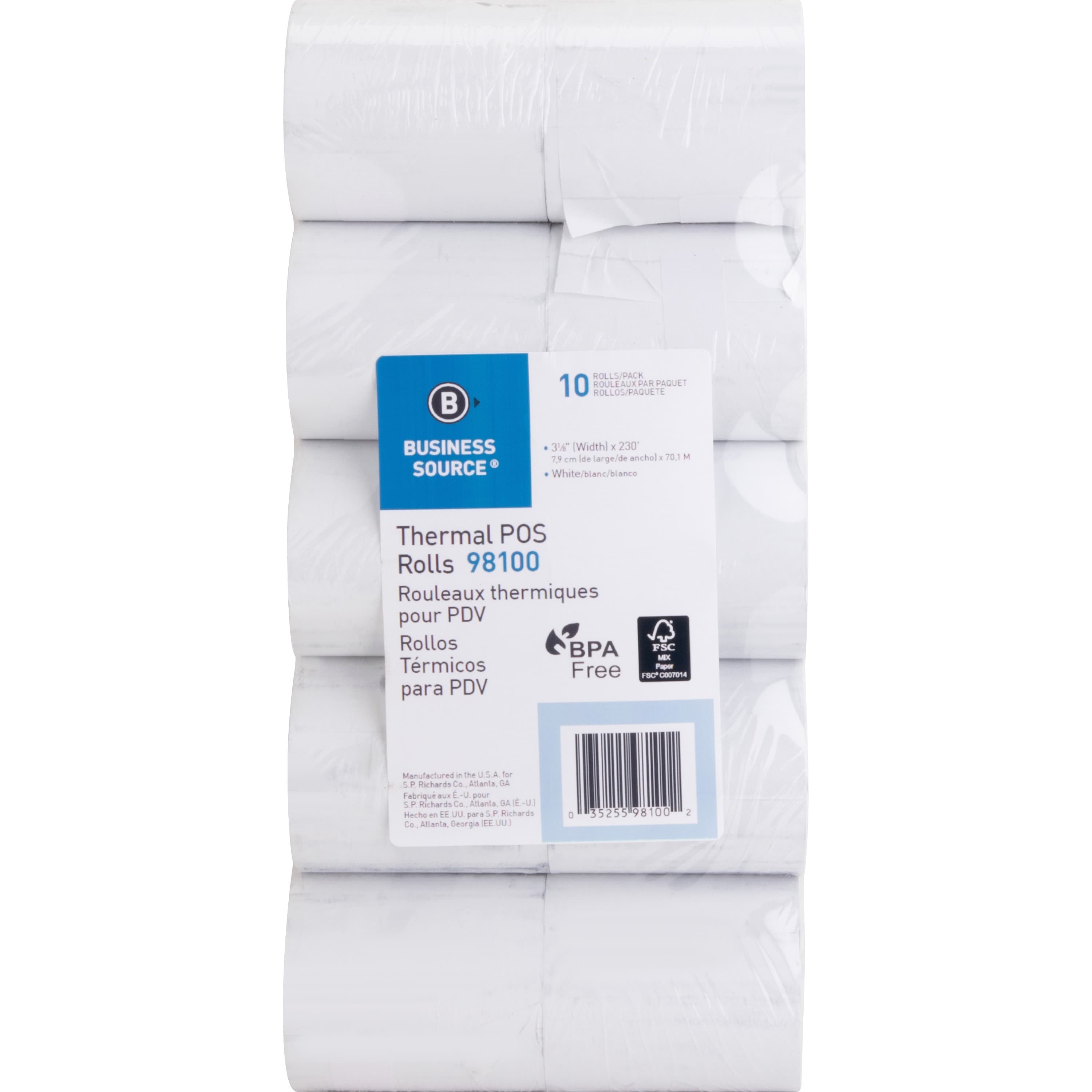 Business Source 3-1/8"x230' POS Receipt Thermal Rolls - 10 / Pack