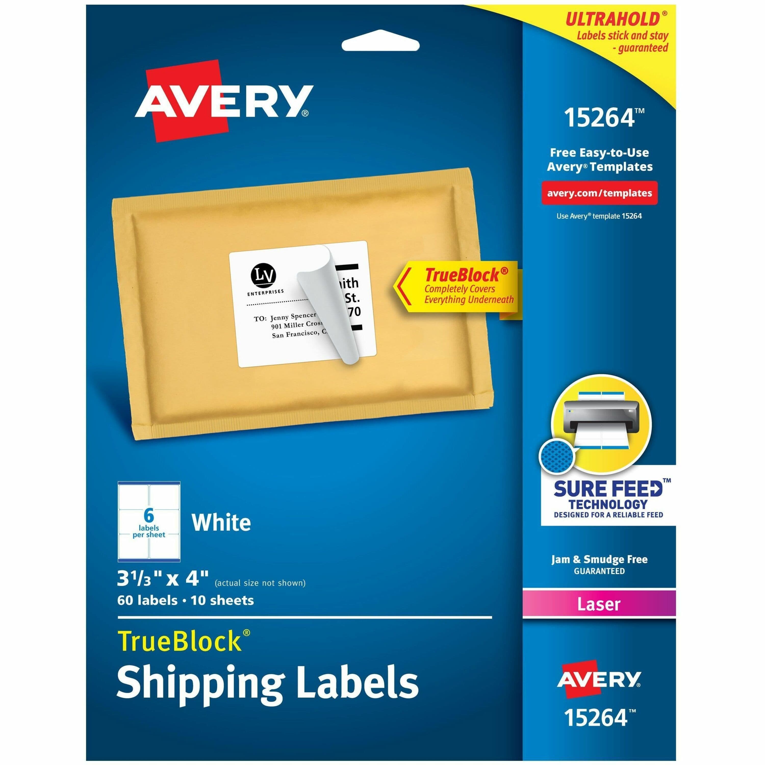 Avery® Shipping Labels, Sure Feed, 3-1/3" x 4" , 60 White Labels (15264)