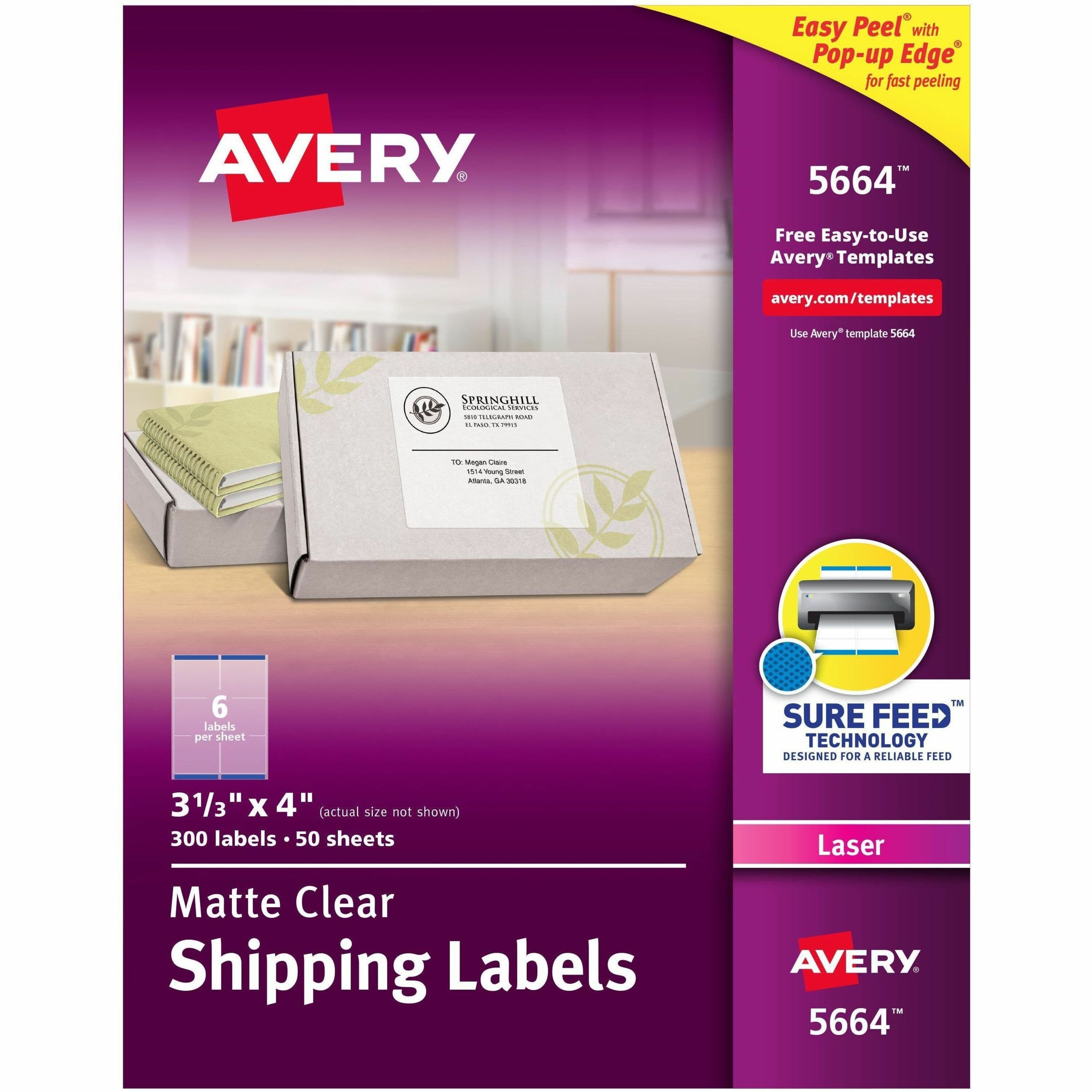Avery® Avery® Clear Shipping Labels, Sure Feed, 3-1/3" x 4" 300 Labels (15664) - 300 / Box