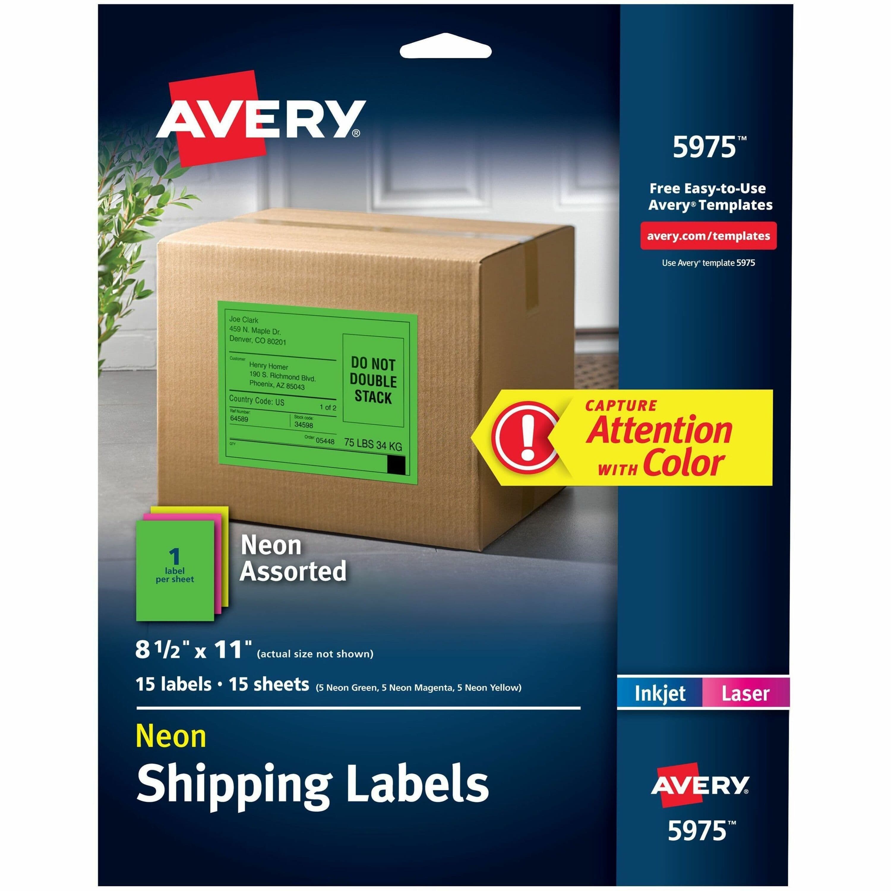 Avery® Assorted Neon Shipping Labels, 8-1/2" x 11" , 15 Labels (5975) - 15 / Pack
