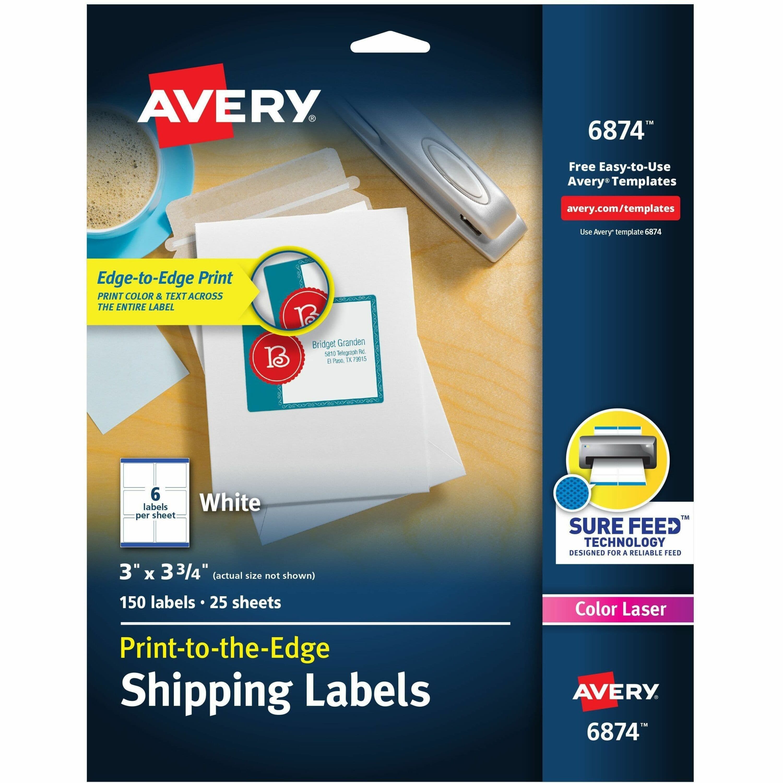 Avery® Shipping Labels, Sure Feed, 3" x 3-3/4" , 150 Labels (6874) - 150 / Pack